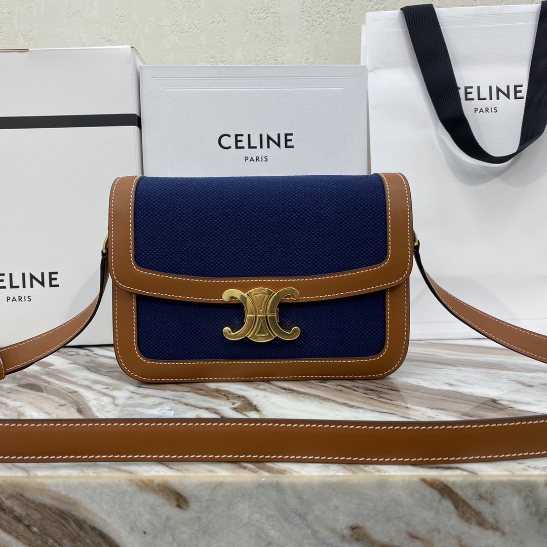 celine【CELIN．E 】TRIOMPHE中号纺织物搭配小牛皮肩背包