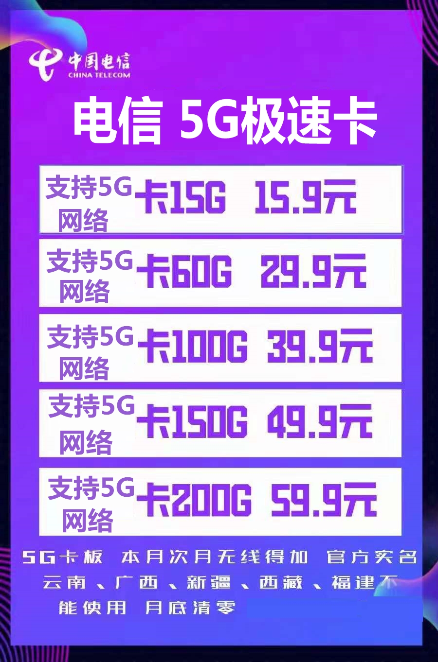 支持5g网络全国15包邮0202无月租中国电信全国漫游流量卡按月计算