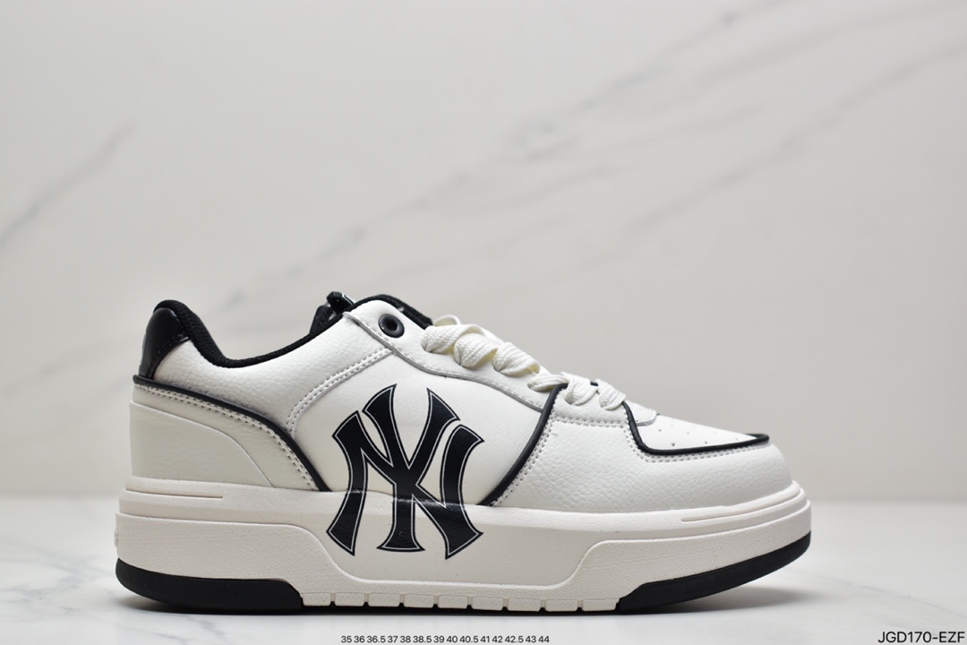 MLB Chunky Liner New York Yankees Senior Shoes Series Low-Top Dad Style Lightweight Heightening Thick Sole All-match Casual Sports Jogging Shoes ”Leather White Black NY Print” 3ASXCA12N-50WHS