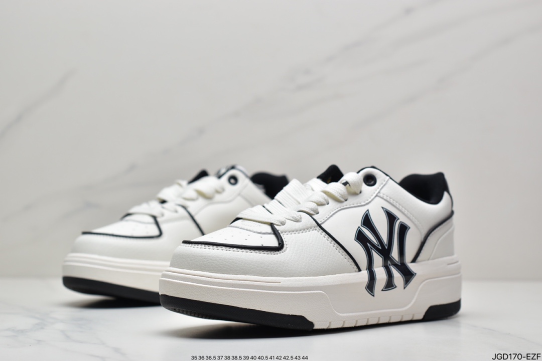 MLB Chunky Liner New York Yankees Senior Shoes Series Low-Top Dad Style Lightweight Heightening Thick Sole All-match Casual Sports Jogging Shoes ”Leather White Black NY Print” 3ASXCA12N-50WHS