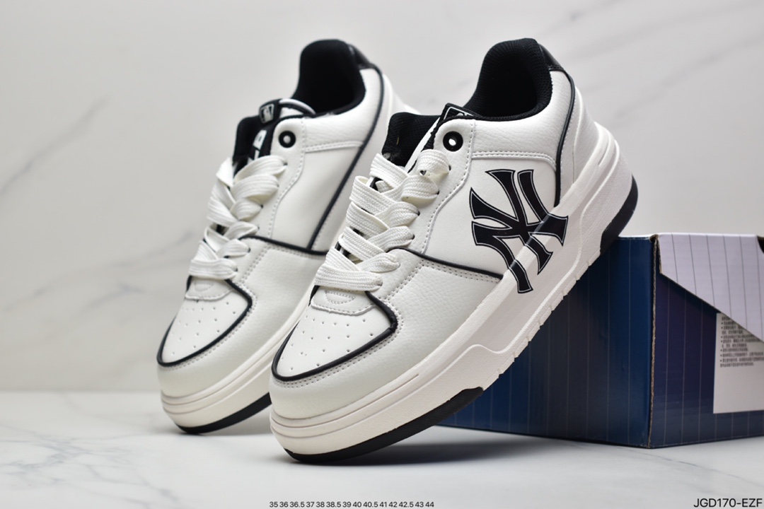 MLB Chunky Liner New York Yankees Senior Shoes Series Low-Top Dad Style Lightweight Heightening Thick Sole All-match Casual Sports Jogging Shoes ”Leather White Black NY Print” 3ASXCA12N-50WHS