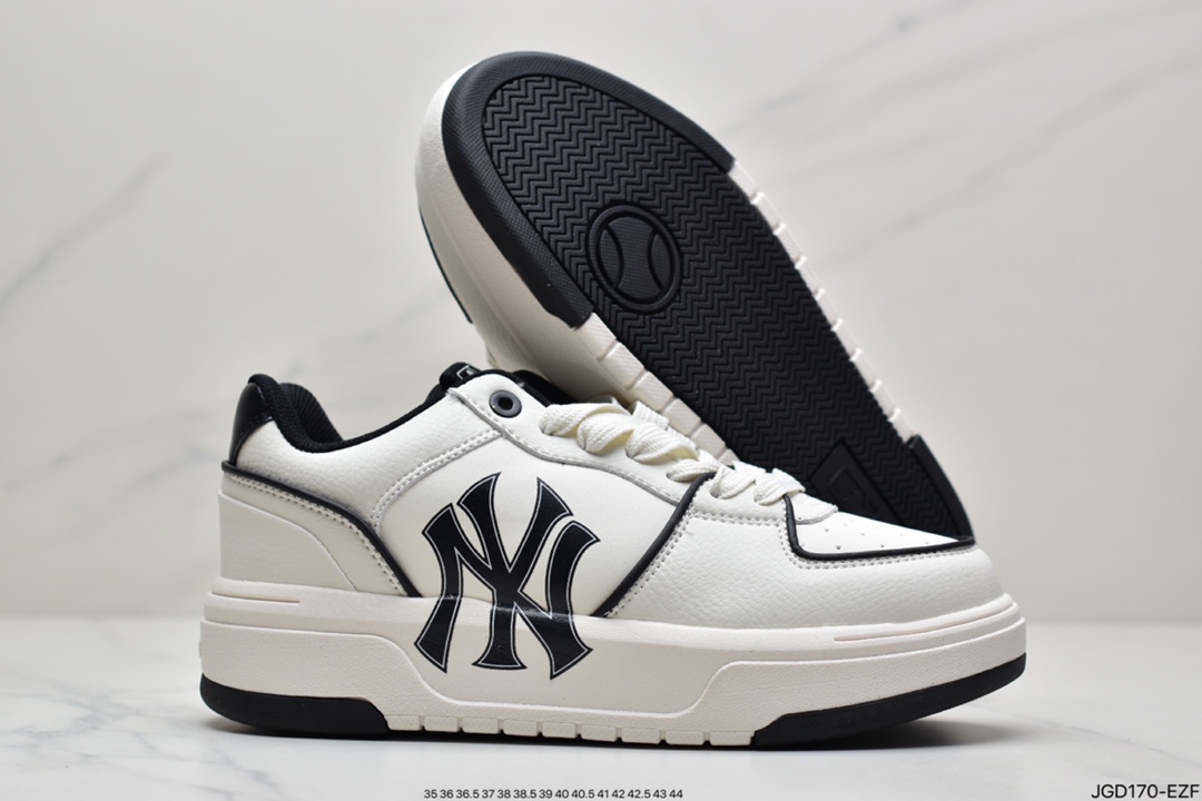 MLB Chunky Liner New York Yankees Senior Shoes Series Low-Top Dad Style Lightweight Heightening Thick Sole All-match Casual Sports Jogging Shoes ”Leather White Black NY Print” 3ASXCA12N-50WHS