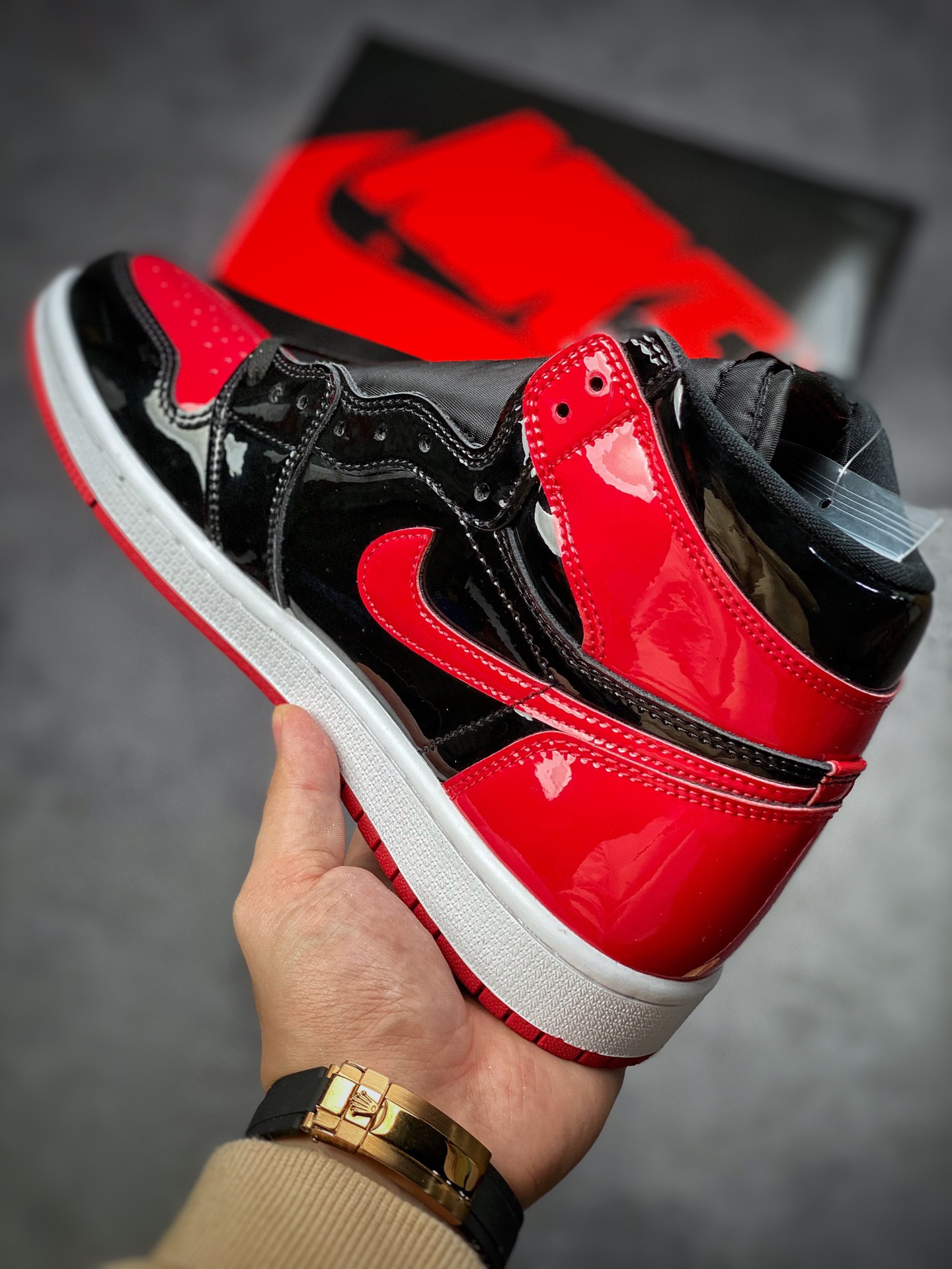 #cost-effective version of Air Jordan 1 Retro High OG AJ1 Joe 1 patent leather black and red forbidden to wear 555088-063