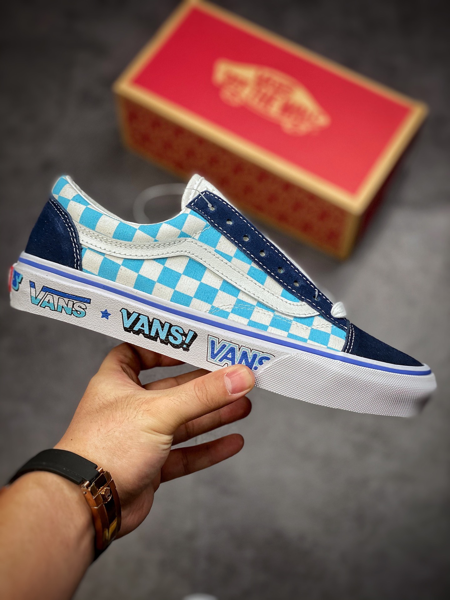 Vans Style 36 Decon Anaheim Klein blue and white checkerboard plaid low-top sneakers VN0A5KRIA5I