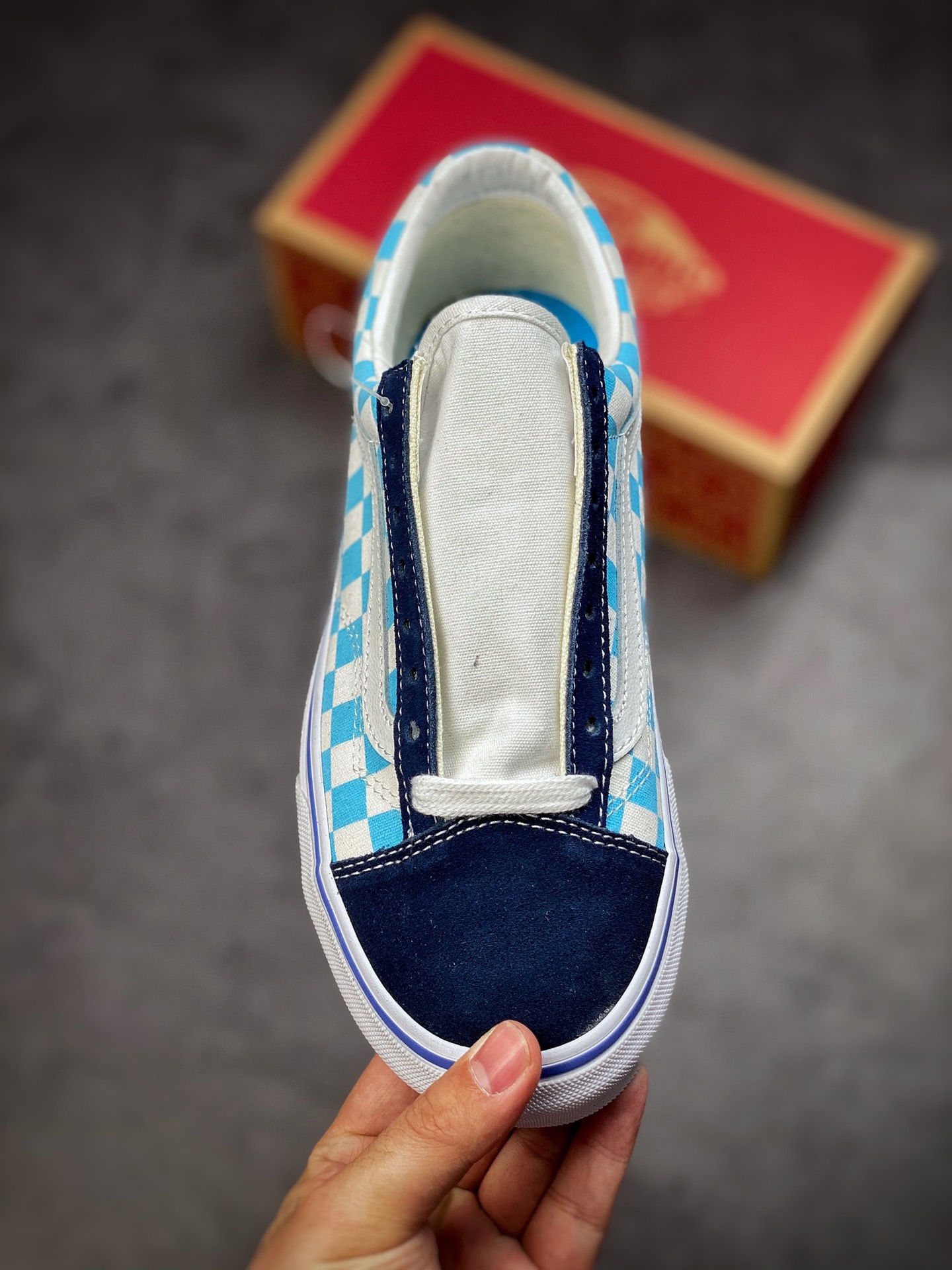 Vans Style 36 Decon Anaheim Klein blue and white checkerboard plaid low-top sneakers VN0A5KRIA5I