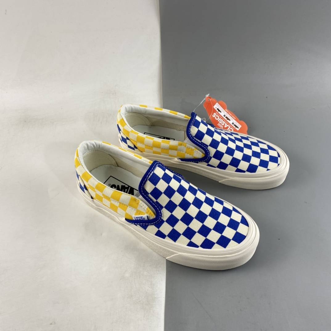 Vans OG Classic Slip-On Blue and Yellow Checkerboard Low Top Casual Sneakers VN0A3JEX45U