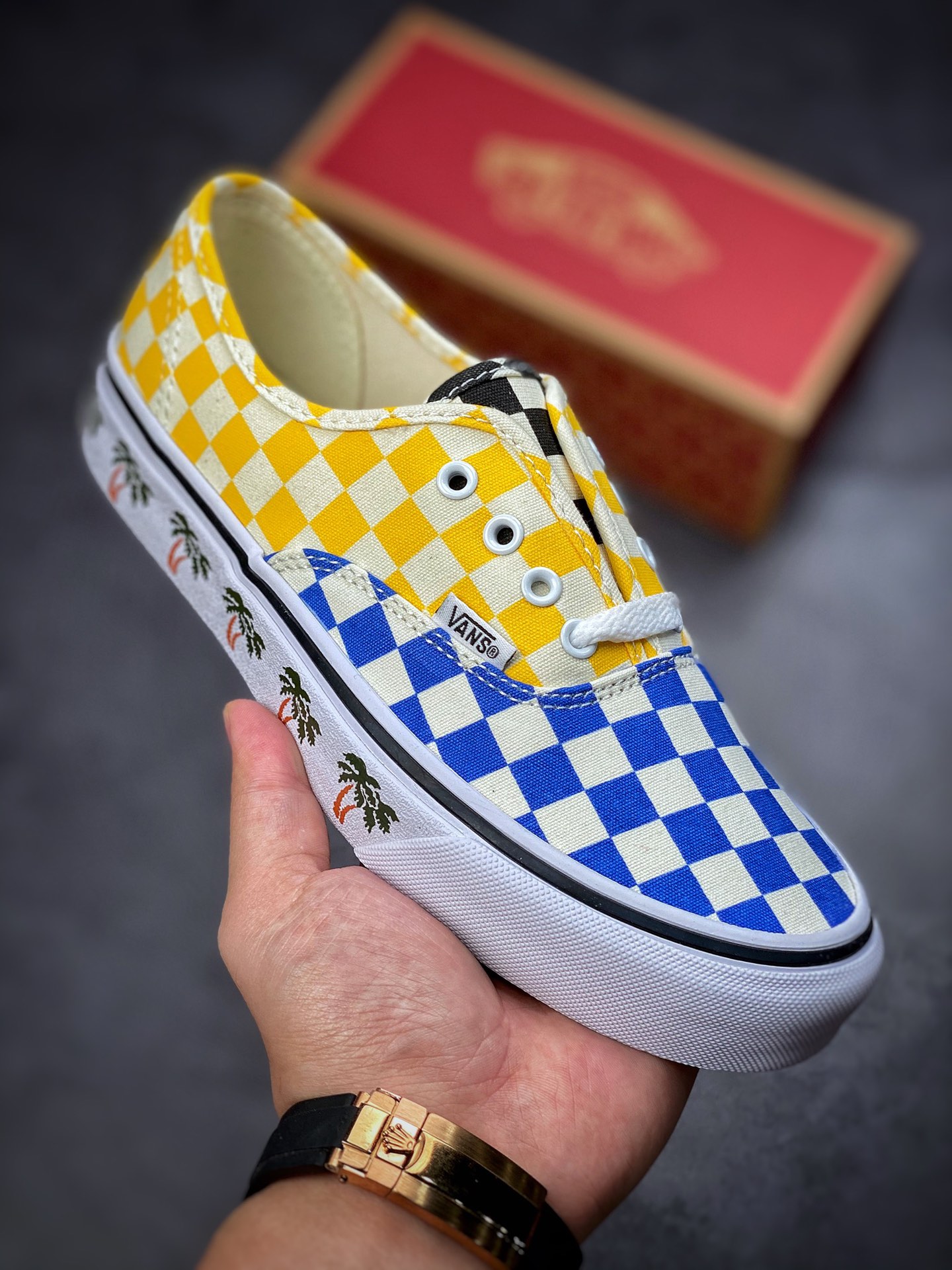 VANS Authentic checkerboard stitching contrast color coconut tree low-top canvas shoes men and women couple shoes