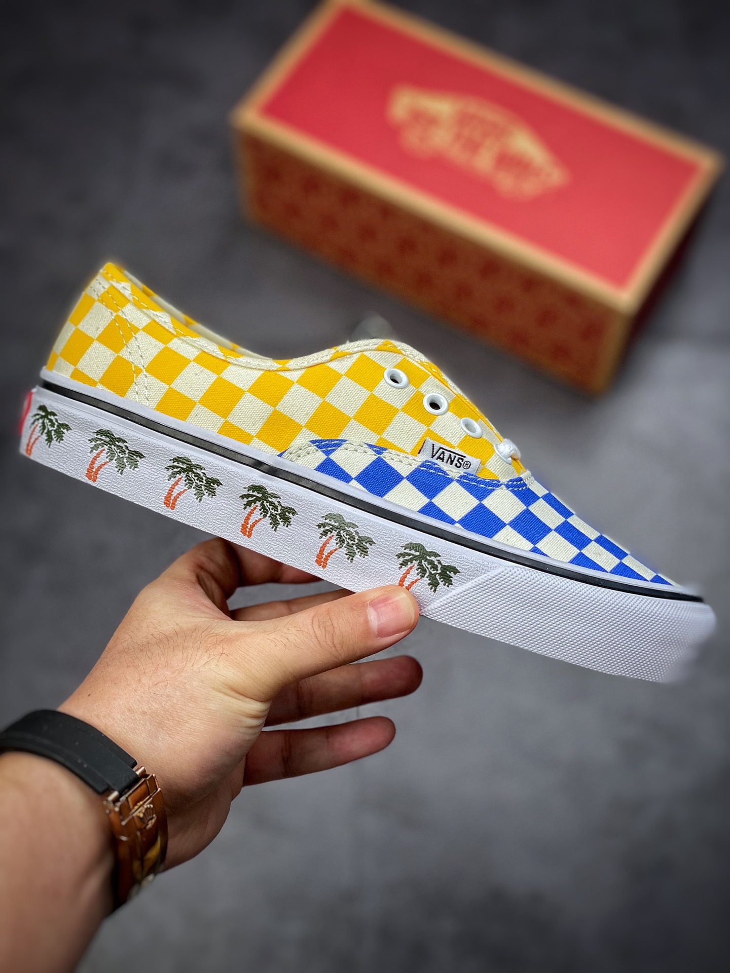 VANS Authentic checkerboard stitching contrast color coconut tree low-top canvas shoes men and women couple shoes