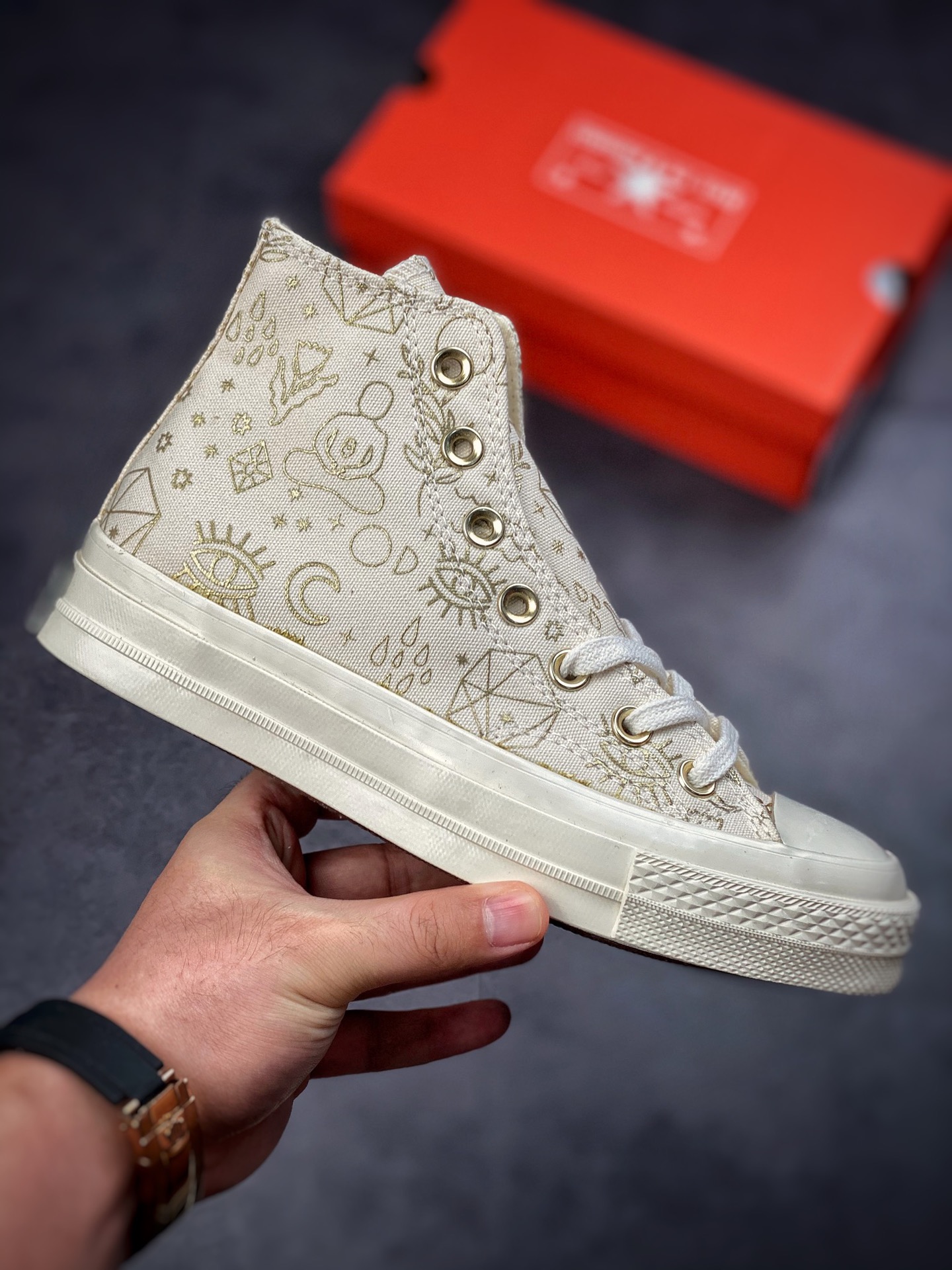 Converse foil stamped understated luxury gold print upper