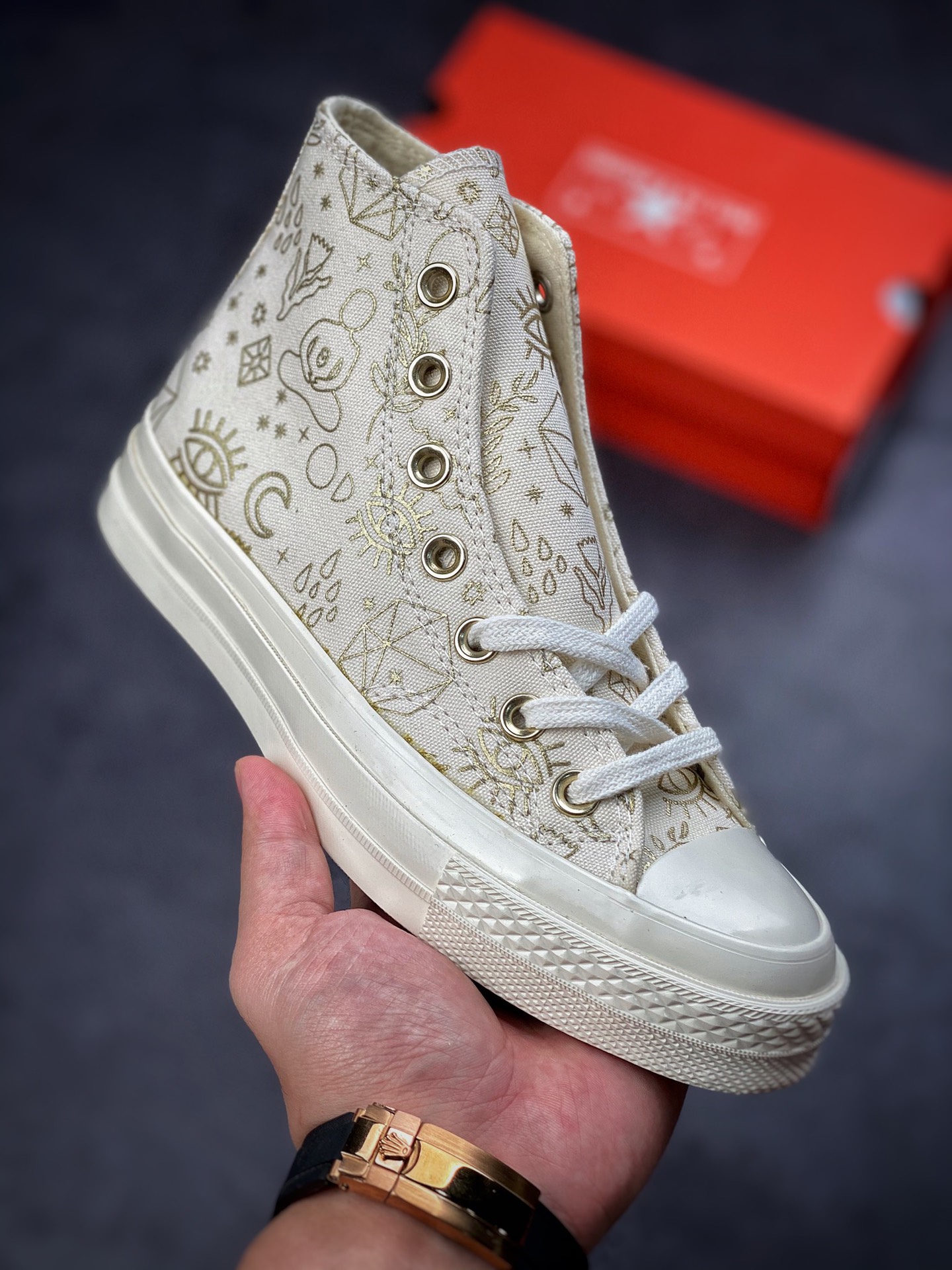 Converse foil stamped understated luxury gold print upper