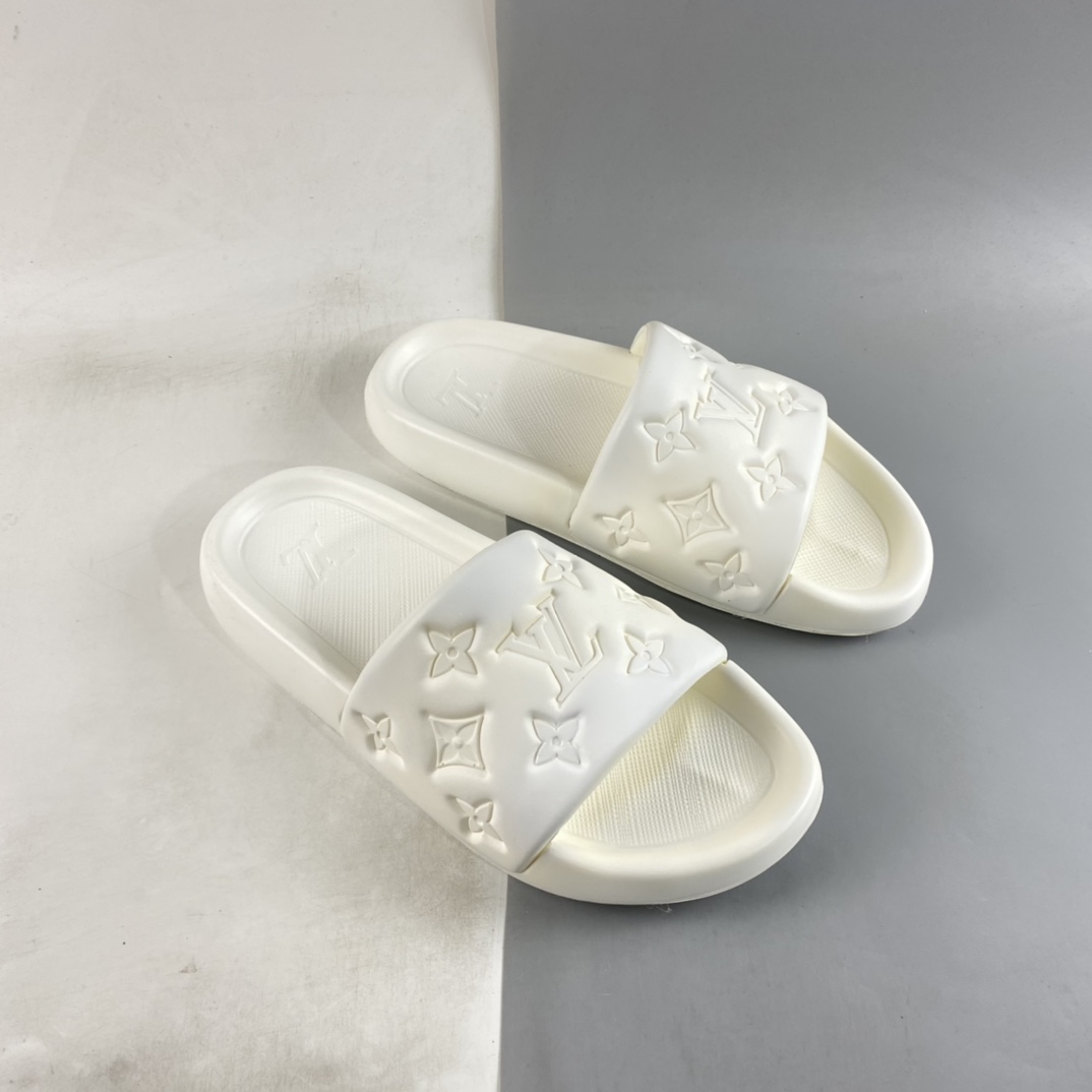 French luxury brand LVLouis Vuitton Waterfront ”Monogram” Beach Series Pool Beach Sandals ”All White Embossed LV Presbyopia” 1A9FK3