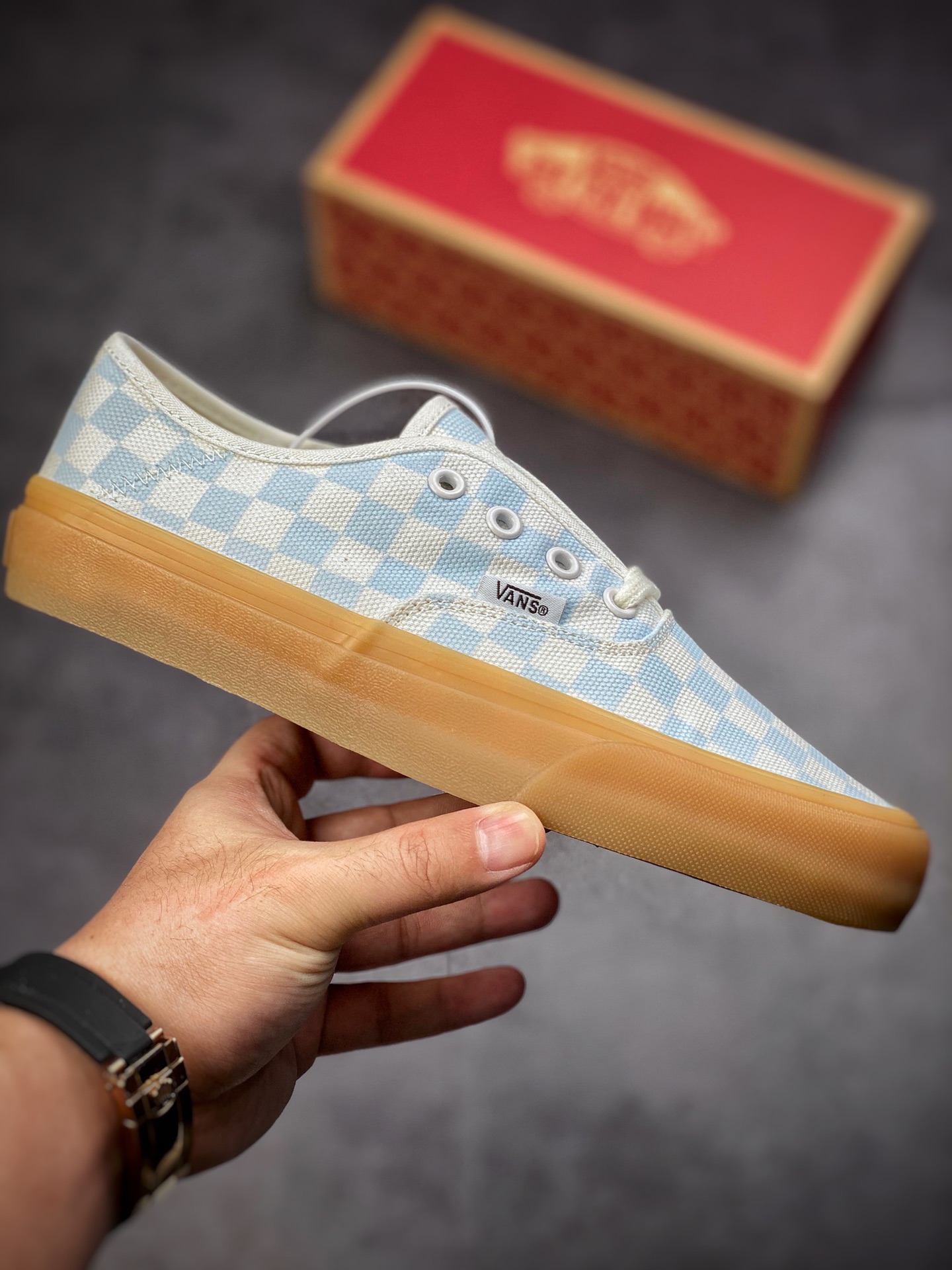 Vans Authentic Light Blue Checkerboard Oxford Raw Gum Sole Collection Lightweight and Comfortable