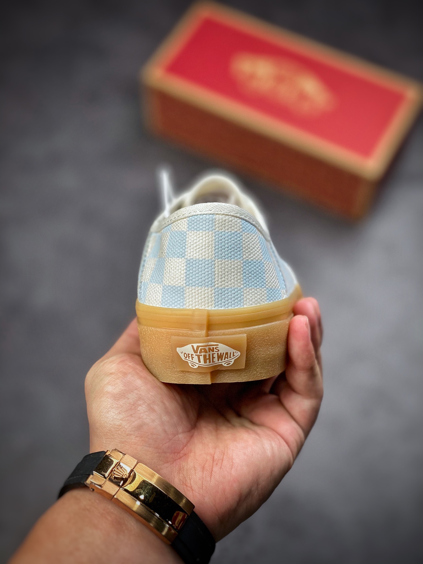 Vans Authentic Light Blue Checkerboard Oxford Raw Gum Sole Collection Lightweight and Comfortable