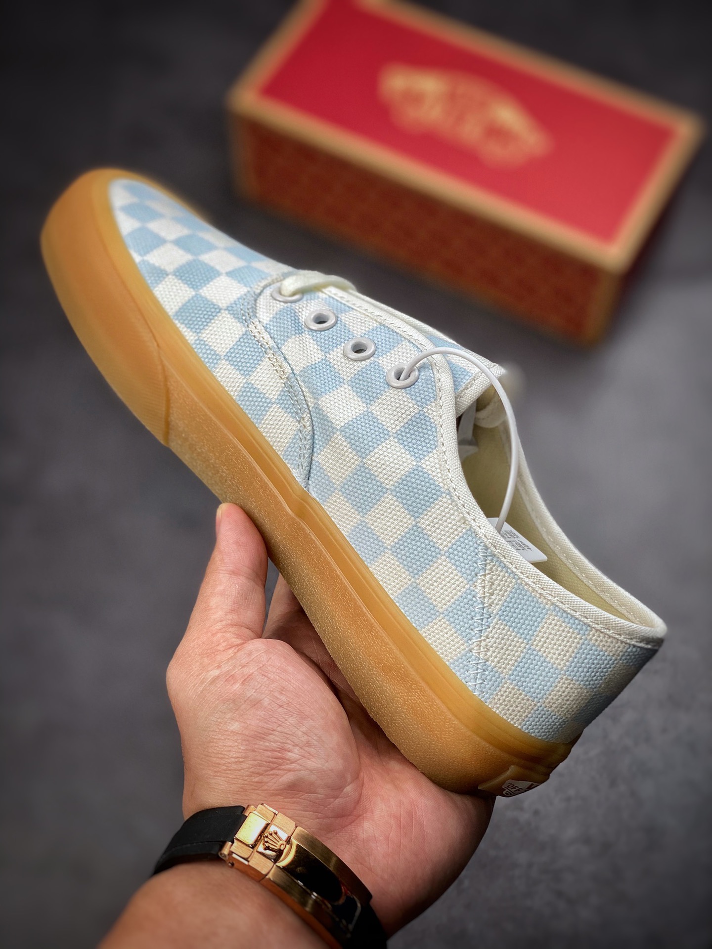 Vans Authentic Light Blue Checkerboard Oxford Raw Gum Sole Collection Lightweight and Comfortable