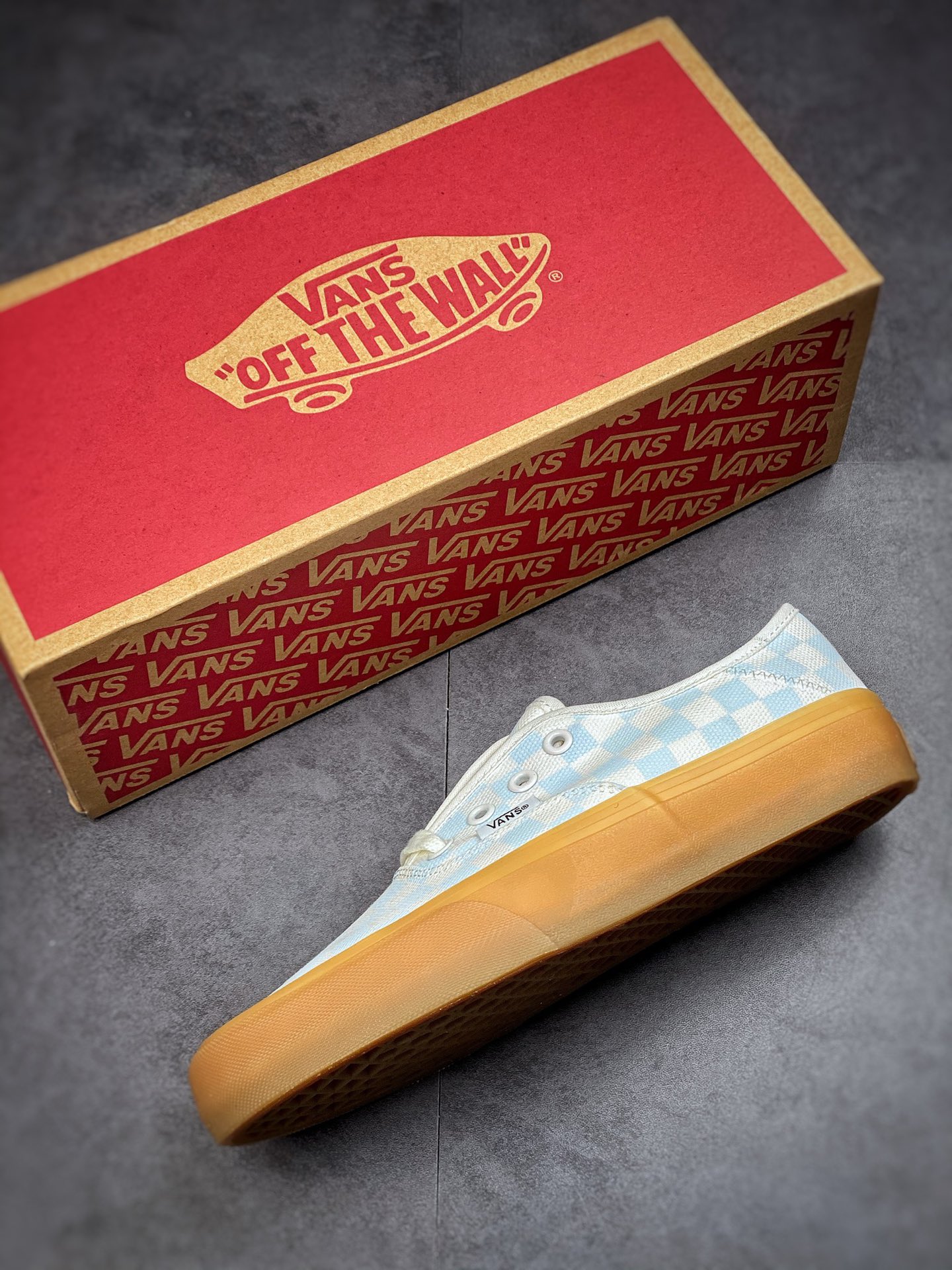 Vans Authentic Light Blue Checkerboard Oxford Raw Gum Sole Collection Lightweight and Comfortable