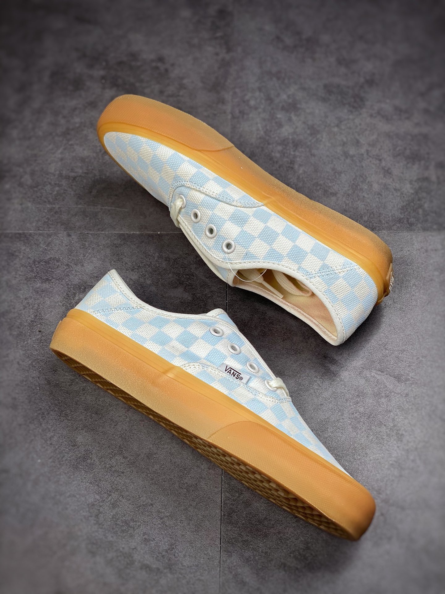 Vans Authentic Light Blue Checkerboard Oxford Raw Gum Sole Collection Lightweight and Comfortable