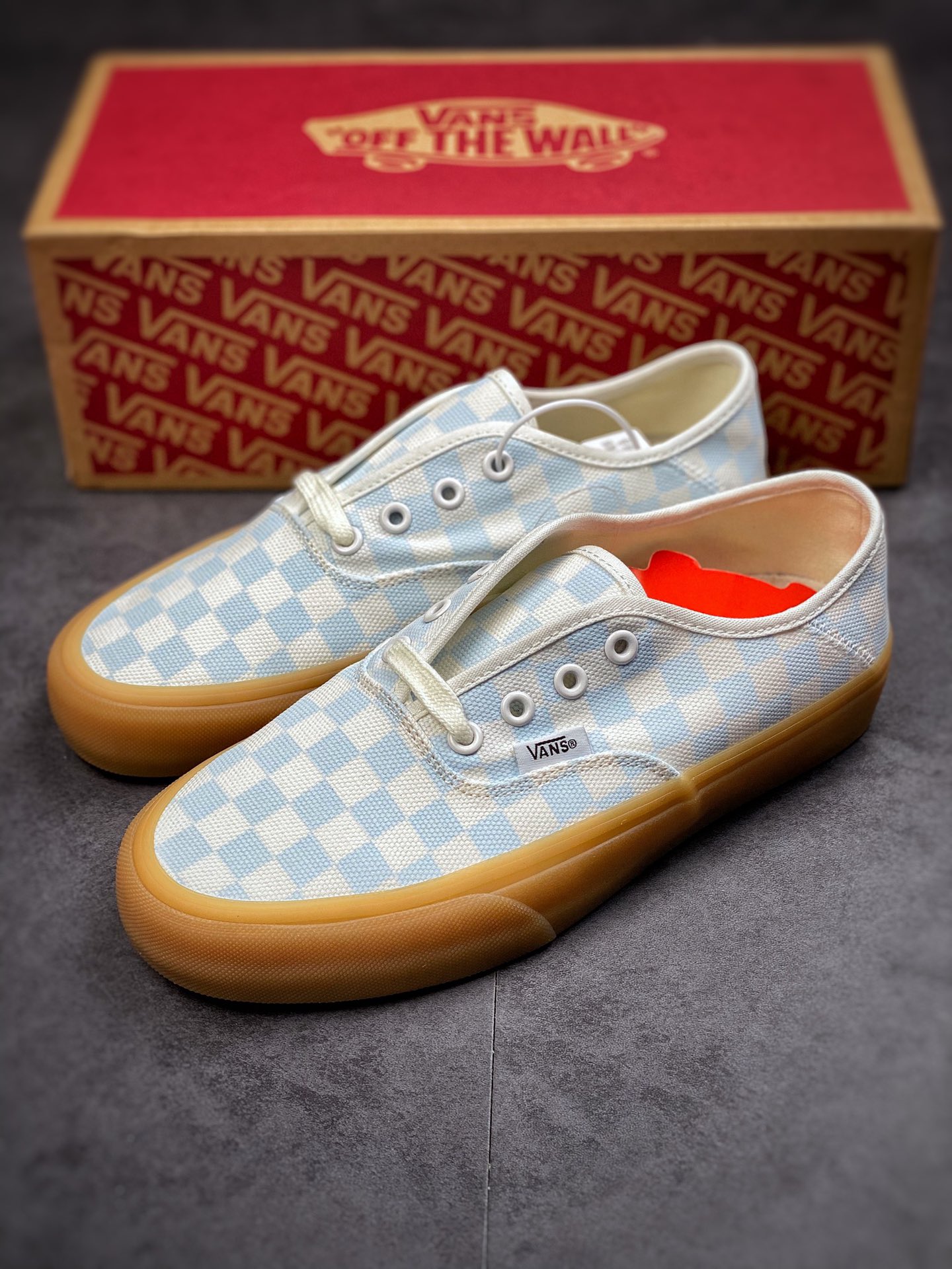 Vans Authentic Light Blue Checkerboard Oxford Raw Gum Sole Collection Lightweight and Comfortable