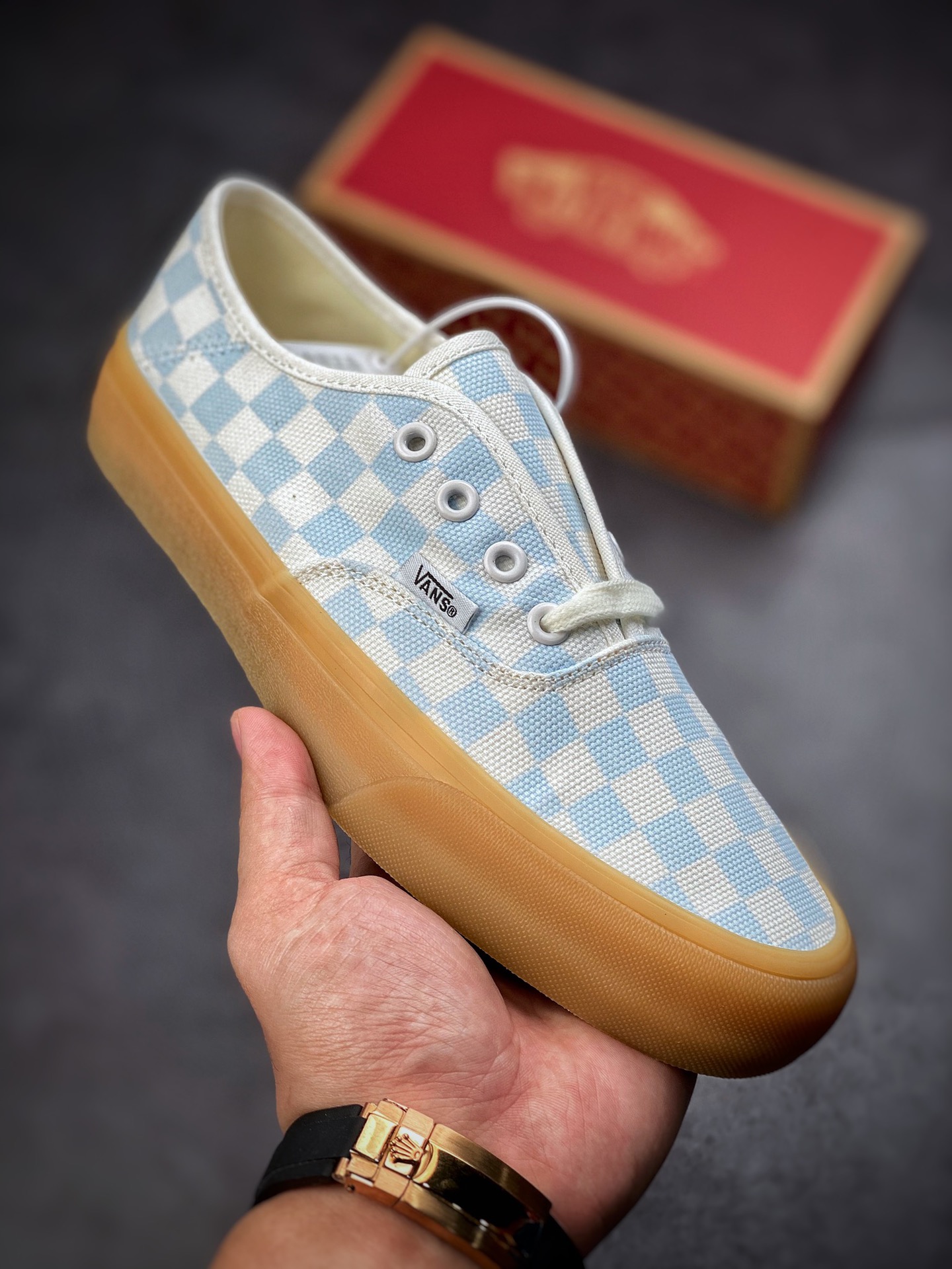 Vans Authentic Light Blue Checkerboard Oxford Raw Gum Sole Collection Lightweight and Comfortable