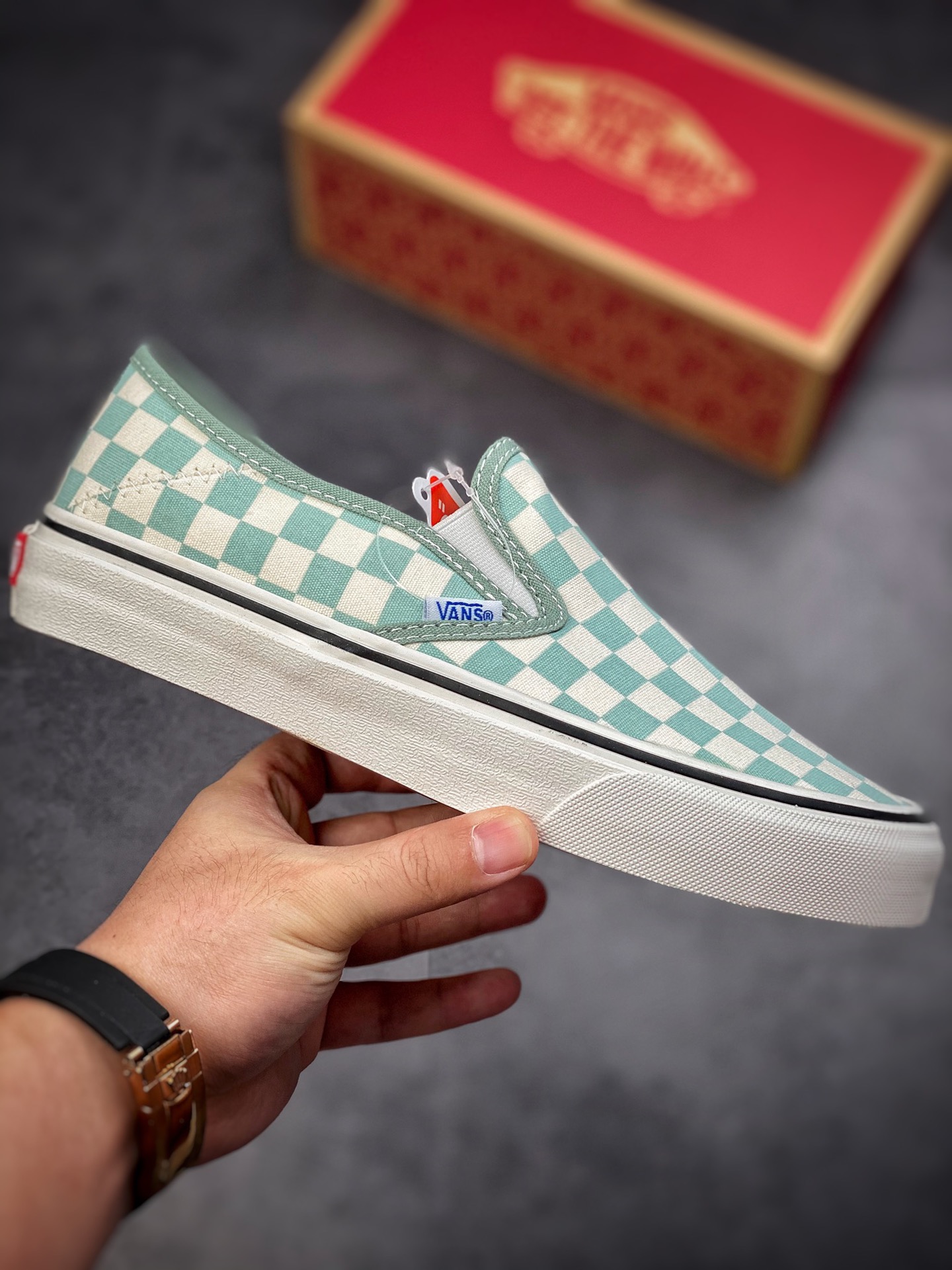 Vans Vans official Slip-On milk green checkerboard Japanese retro men's and women's shoes canvas shoes VN0A5HYQB80