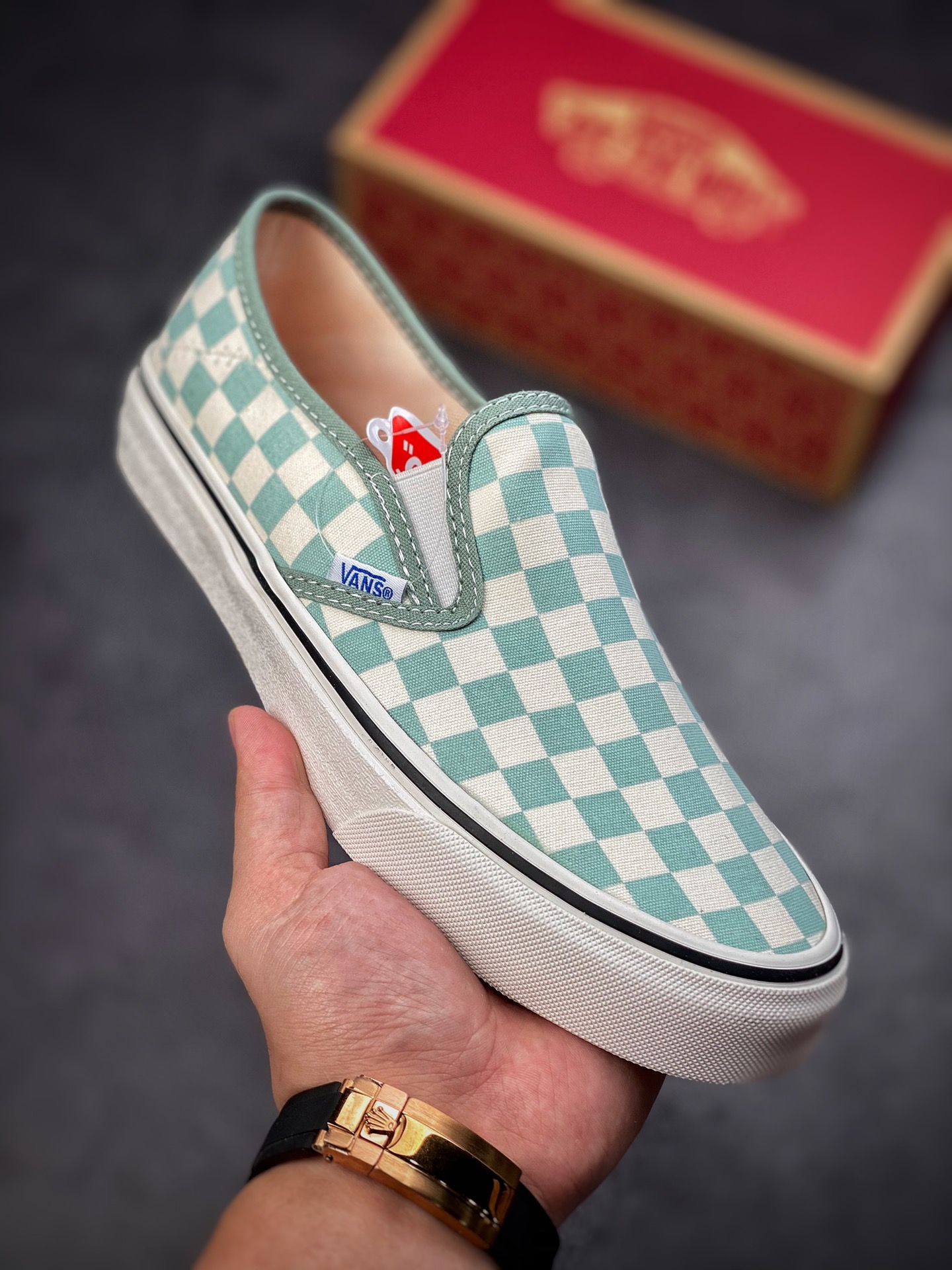 Vans Vans official Slip-On milk green checkerboard Japanese retro men's and women's shoes canvas shoes VN0A5HYQB80