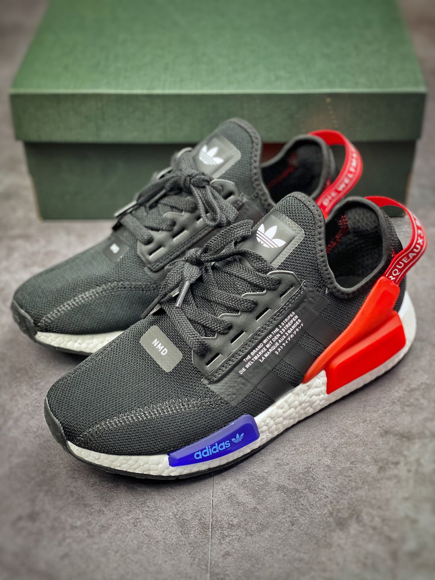 Adidas NMD _R1 V2 Black Blue Red Tiger Fight Version Counters Simultaneously Launched GW3553