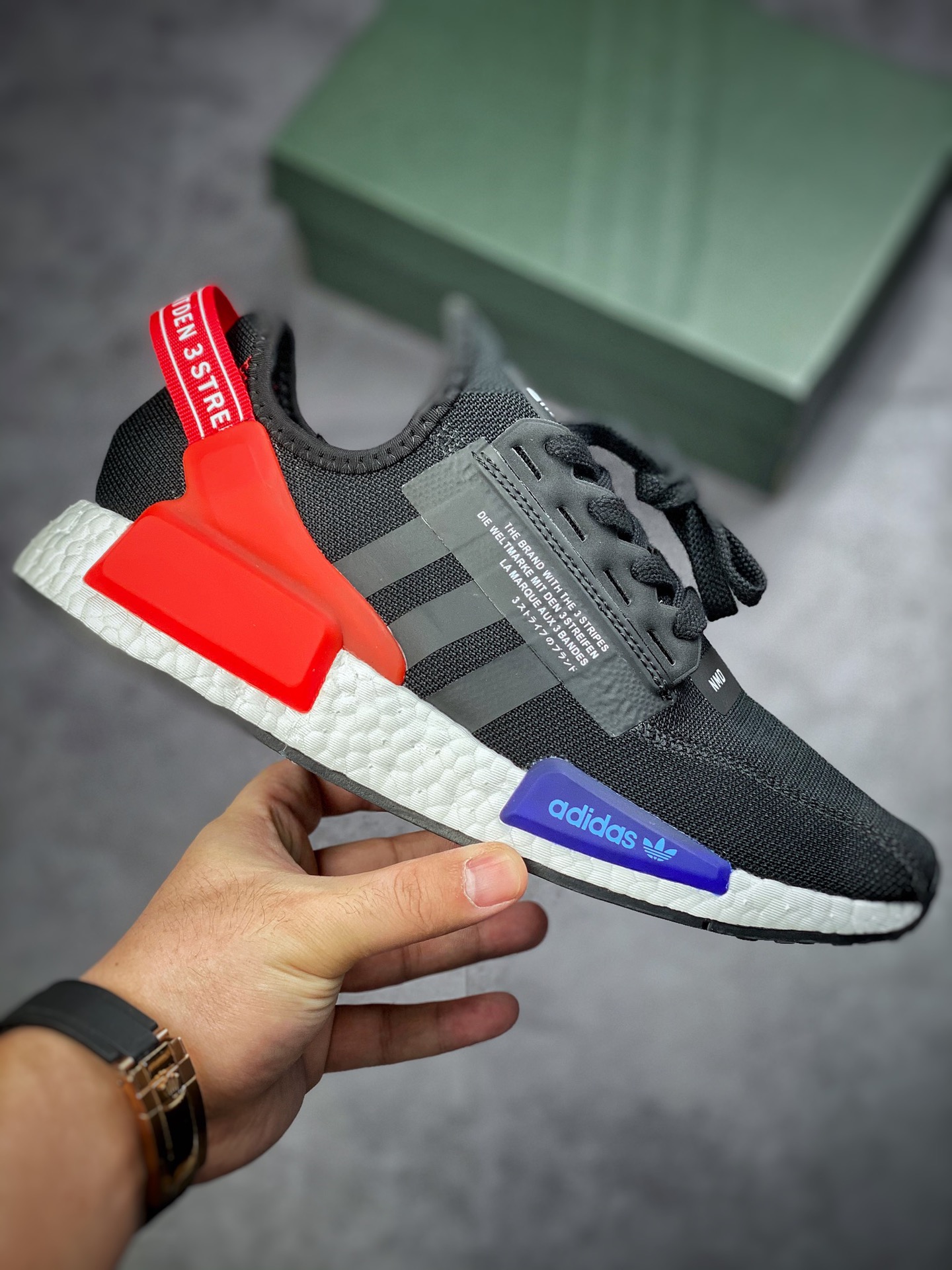 Adidas NMD _R1 V2 Black Blue Red Tiger Fight Version Counters Simultaneously Launched GW3553