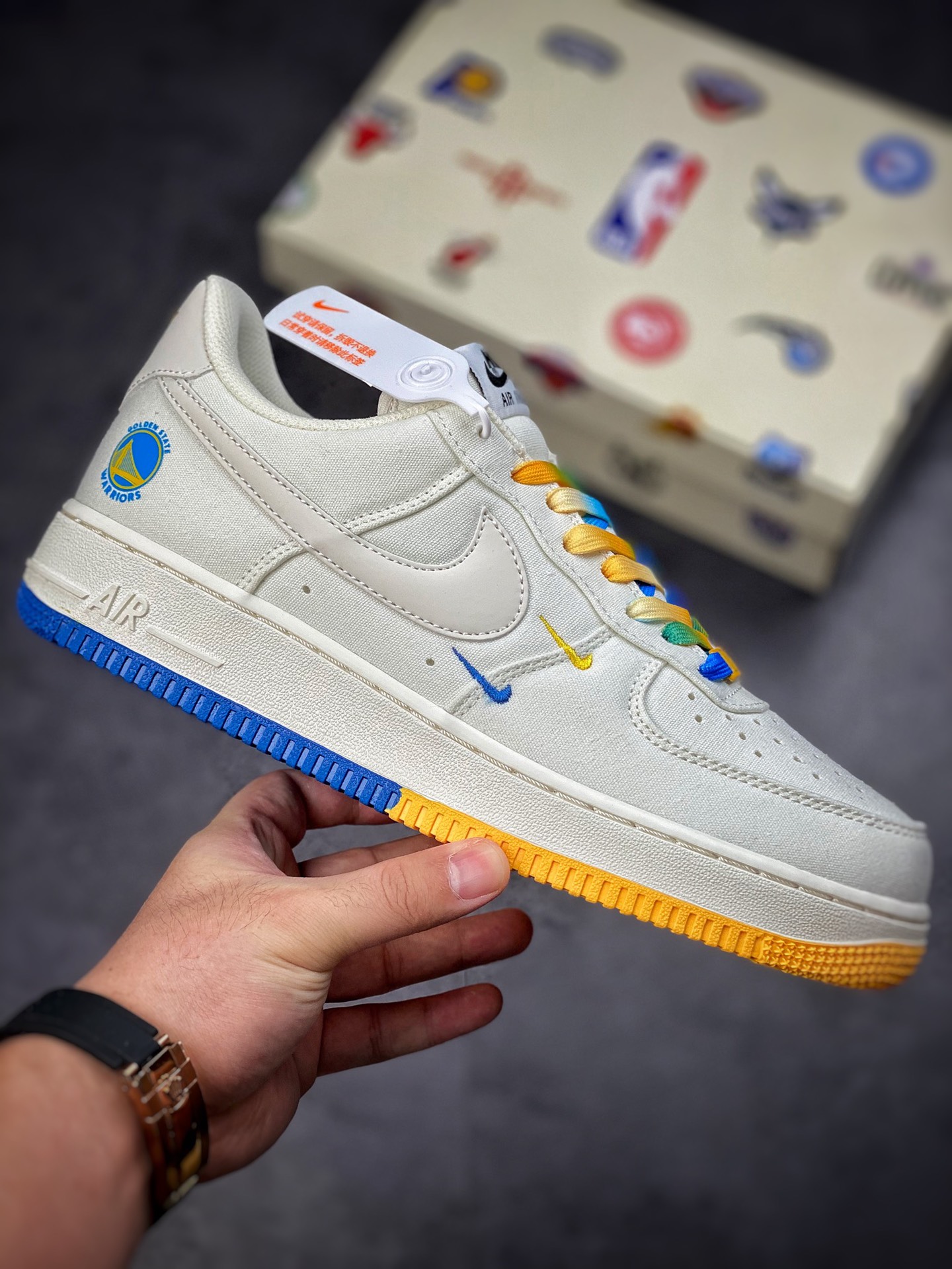 Nike Air Force 1 Low 07 String Label White Yellow Blue Gradient Golden State Warriors NA2022-004