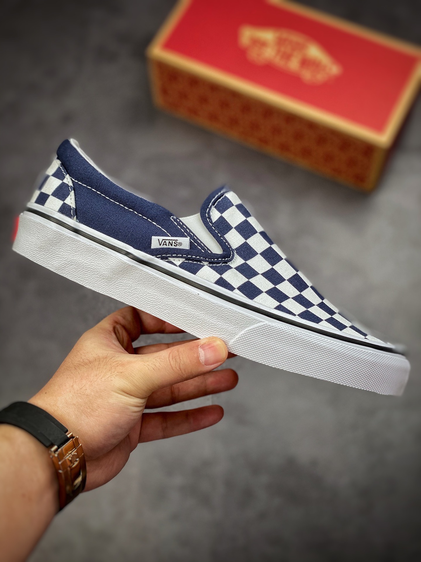 Vans Slip-On navy blue checkerboard Gevans official same summer all-match navy blue low-top casual canvas shoes