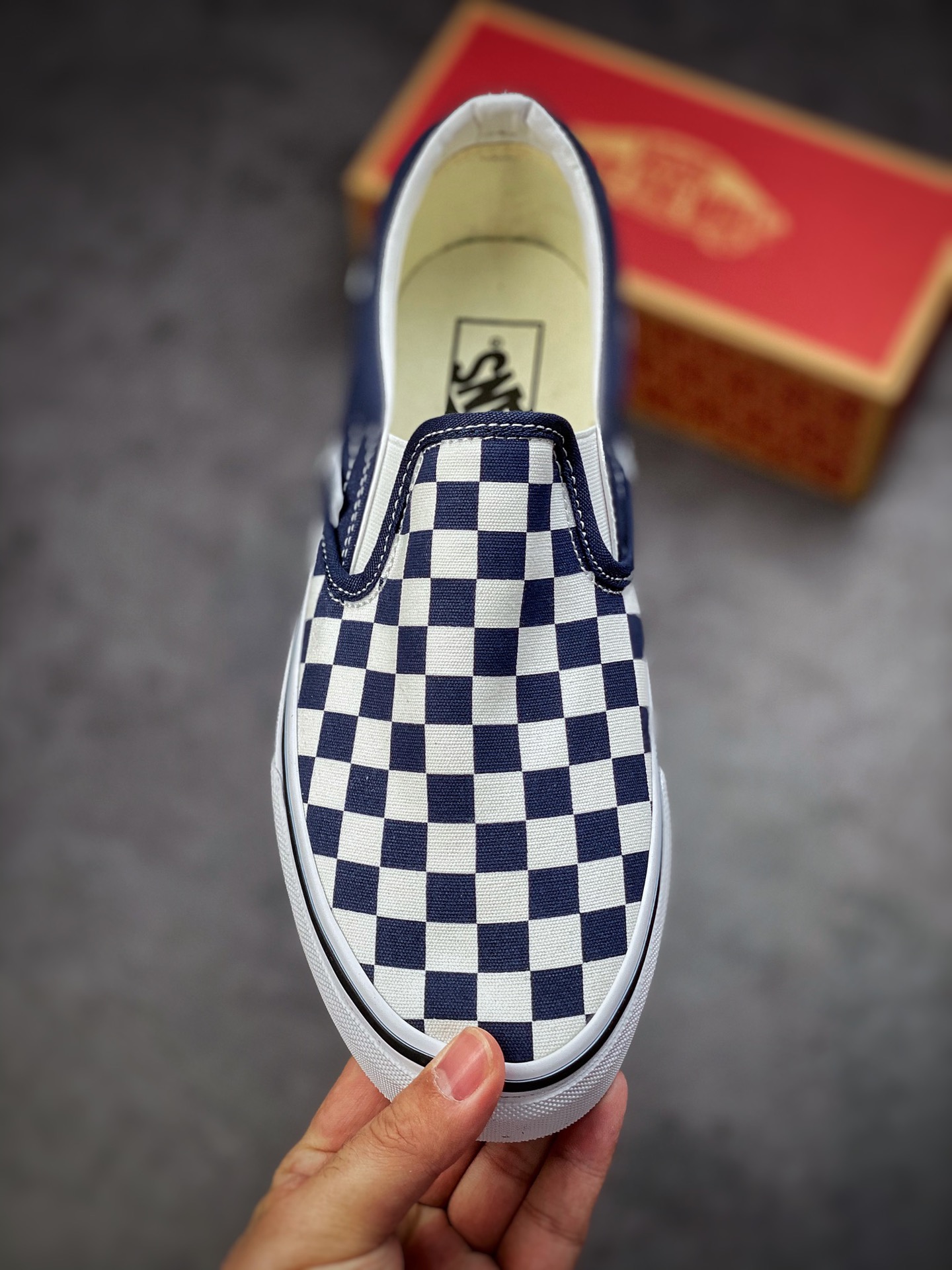 Vans Slip-On navy blue checkerboard Gevans official same summer all-match navy blue low-top casual canvas shoes