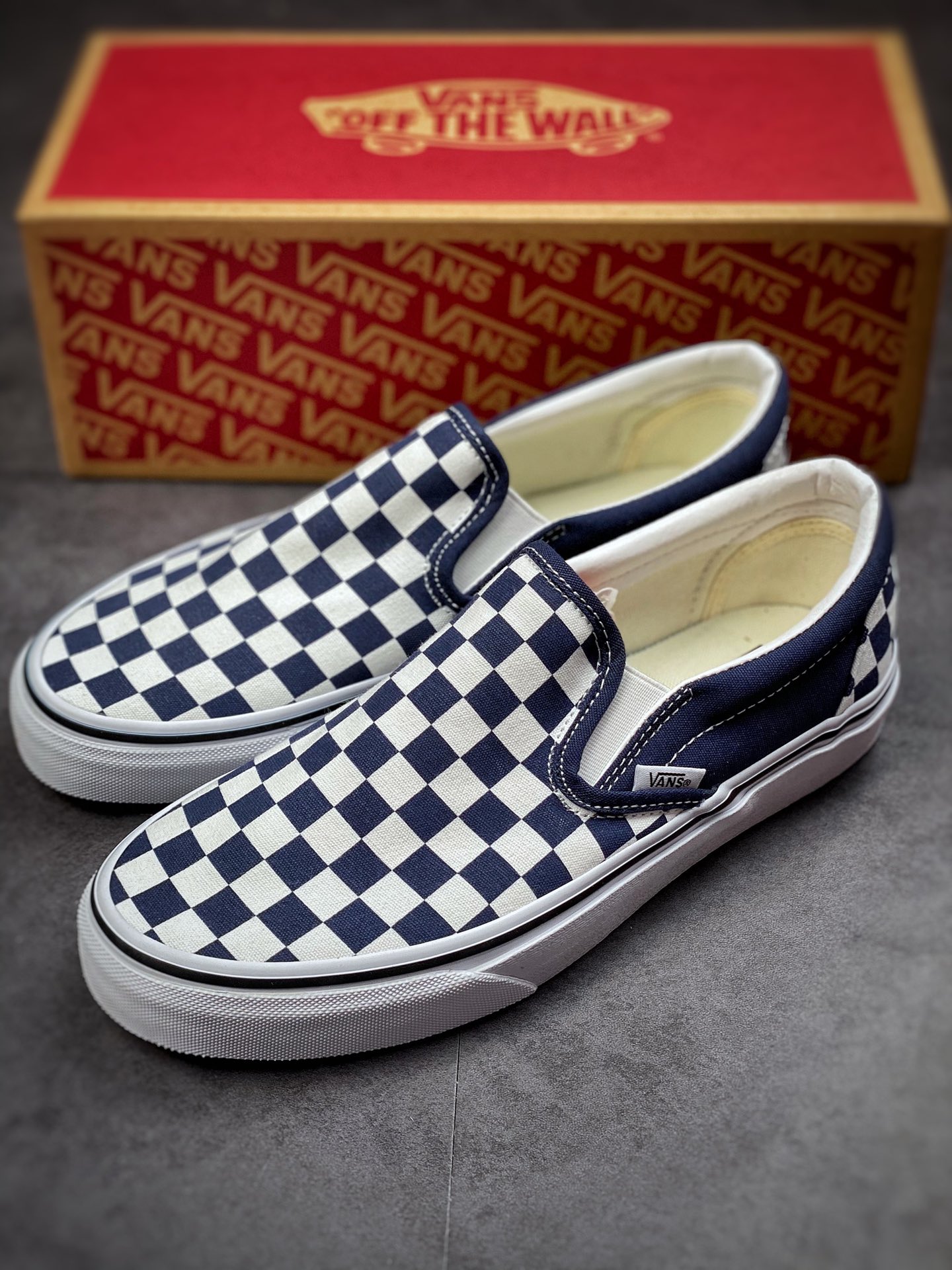 Vans Slip-On navy blue checkerboard Gevans official same summer all-match navy blue low-top casual canvas shoes