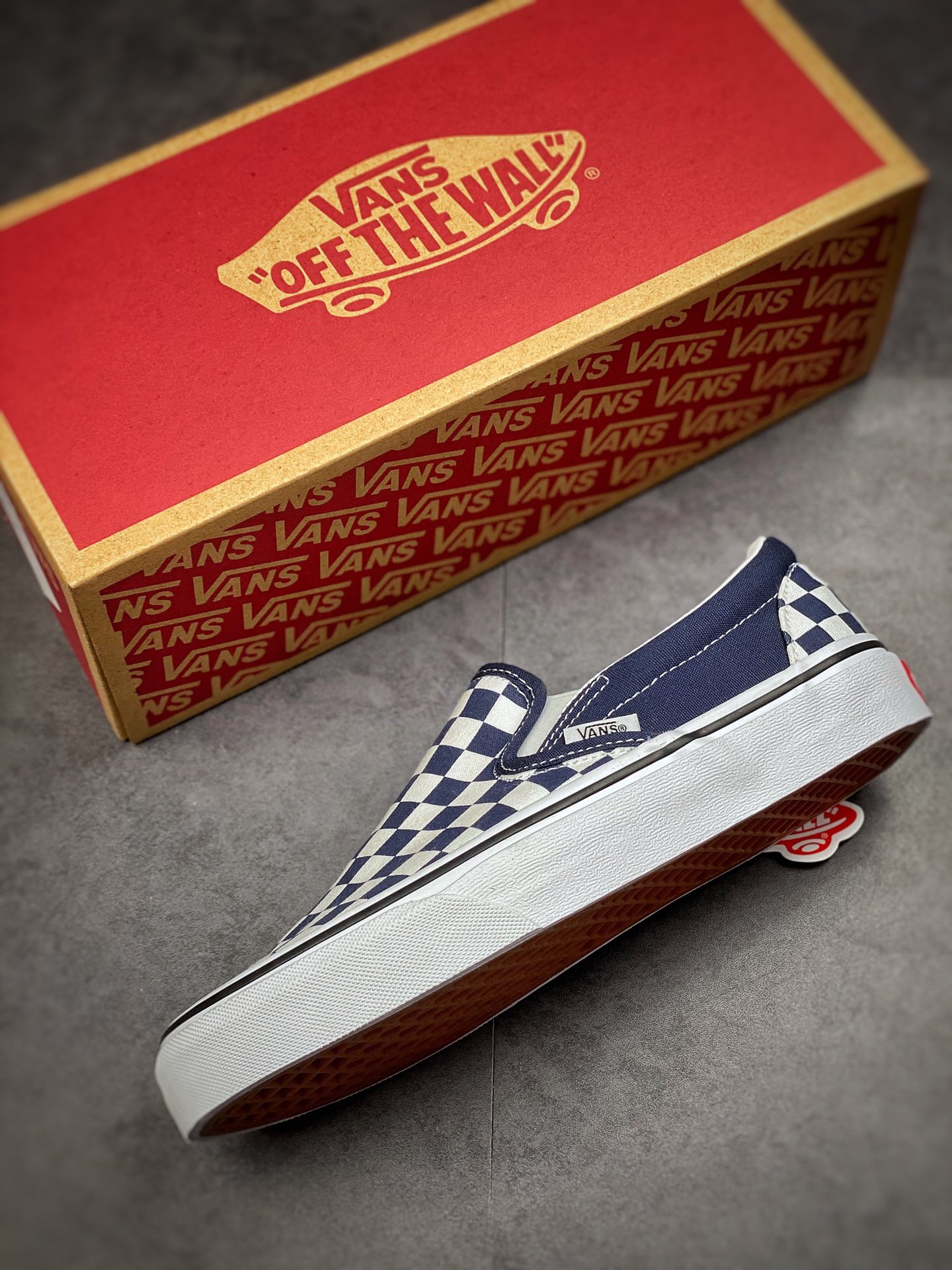 Vans Slip-On navy blue checkerboard Gevans official same summer all-match navy blue low-top casual canvas shoes