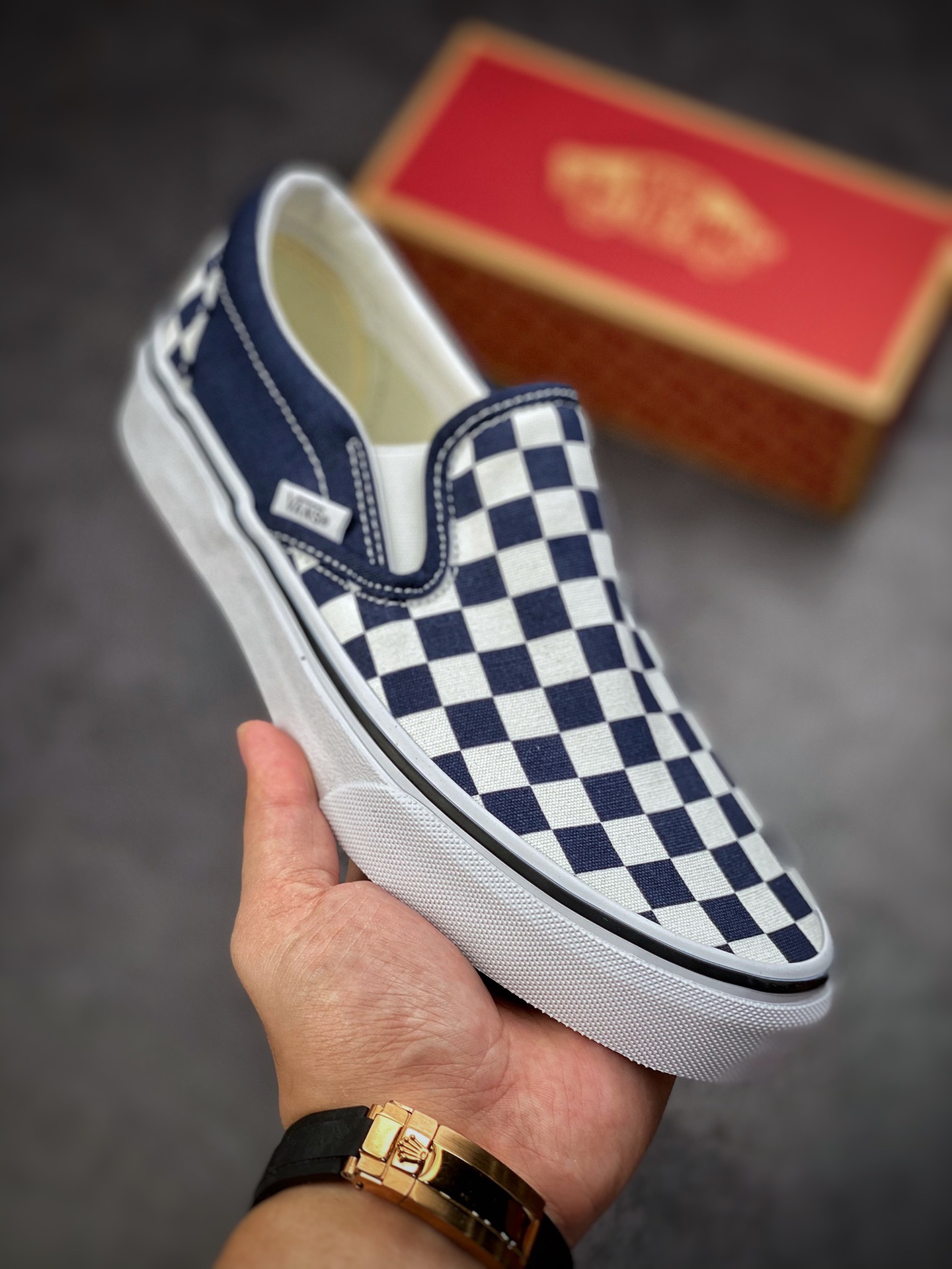 Vans Slip-On navy blue checkerboard Gevans official same summer all-match navy blue low-top casual canvas shoes