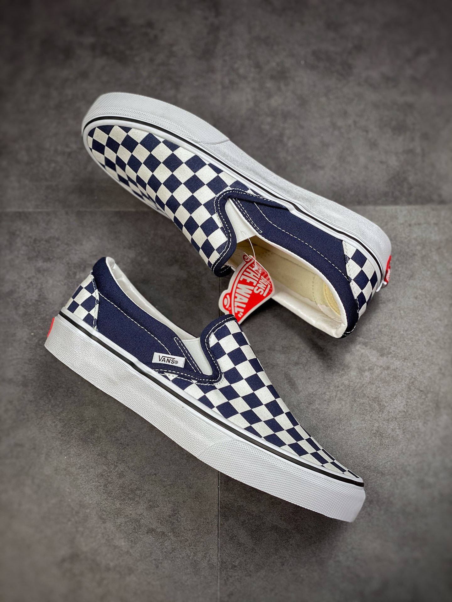 Vans Slip-On navy blue checkerboard Gevans official same summer all-match navy blue low-top casual canvas shoes