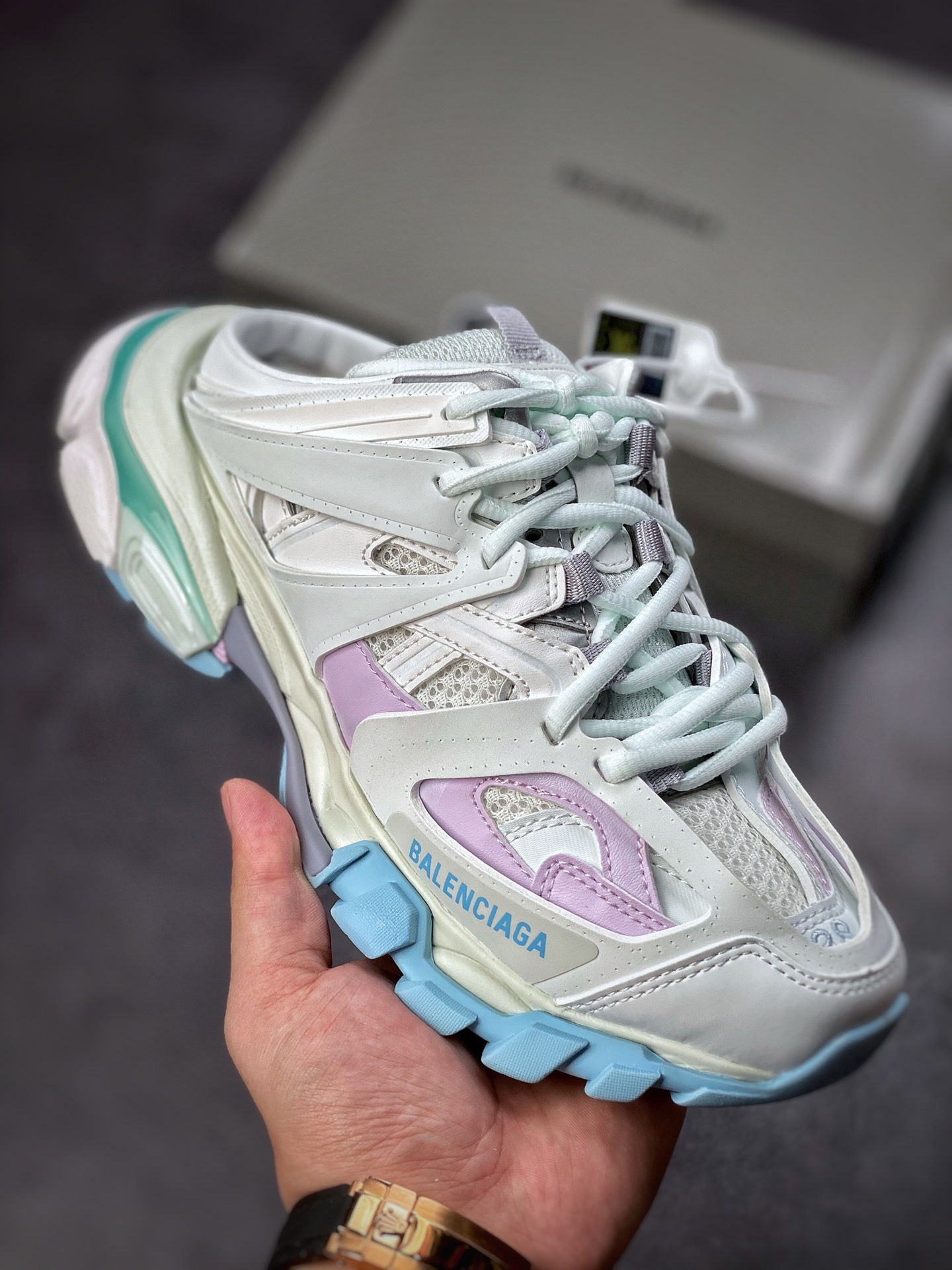 380【运费超重】 原盒 Balenciaga Triple S 巴黎世家老爹鞋 3.0 白紫浅蓝半托 653813 W3DA7 9045