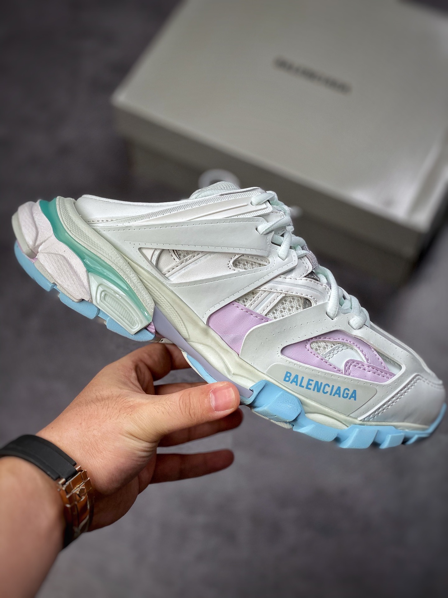 380【运费超重】 原盒 Balenciaga Triple S 巴黎世家老爹鞋 3.0 白紫浅蓝半托 653813 W3DA7 9045