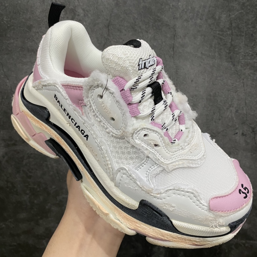 520  纯原Balenciaga巴黎世家 Triple S Diy 时尚透气老爹鞋女款白粉做旧