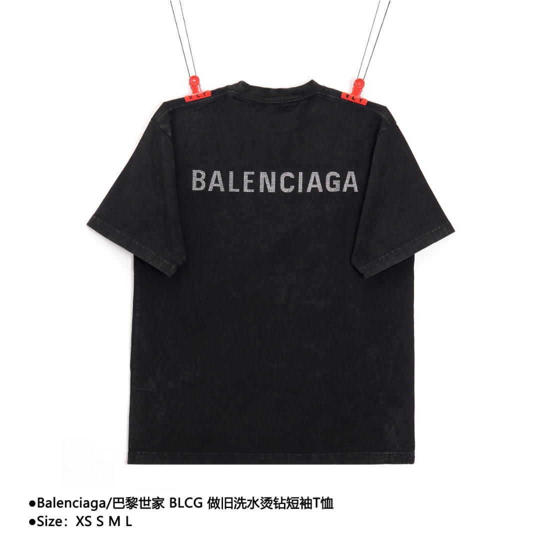 180 Balenciaga/巴黎世家 BLCG 做旧洗水烫钻短袖T恤