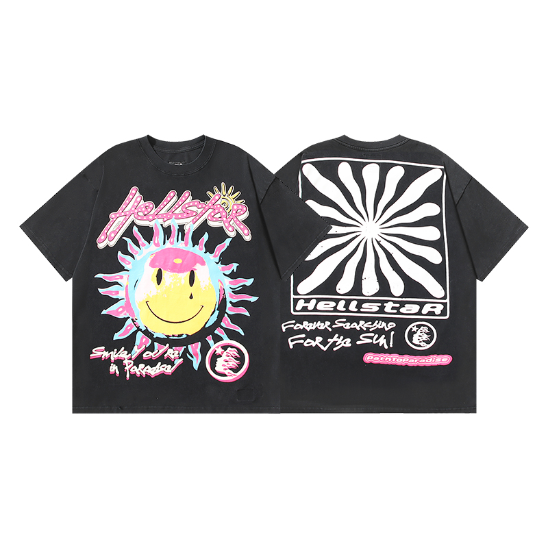 607# Negro lavado Foto real Hellstar lavado y estampado camiseta de manga corta Tejido: 250g 32s algodón pein…
