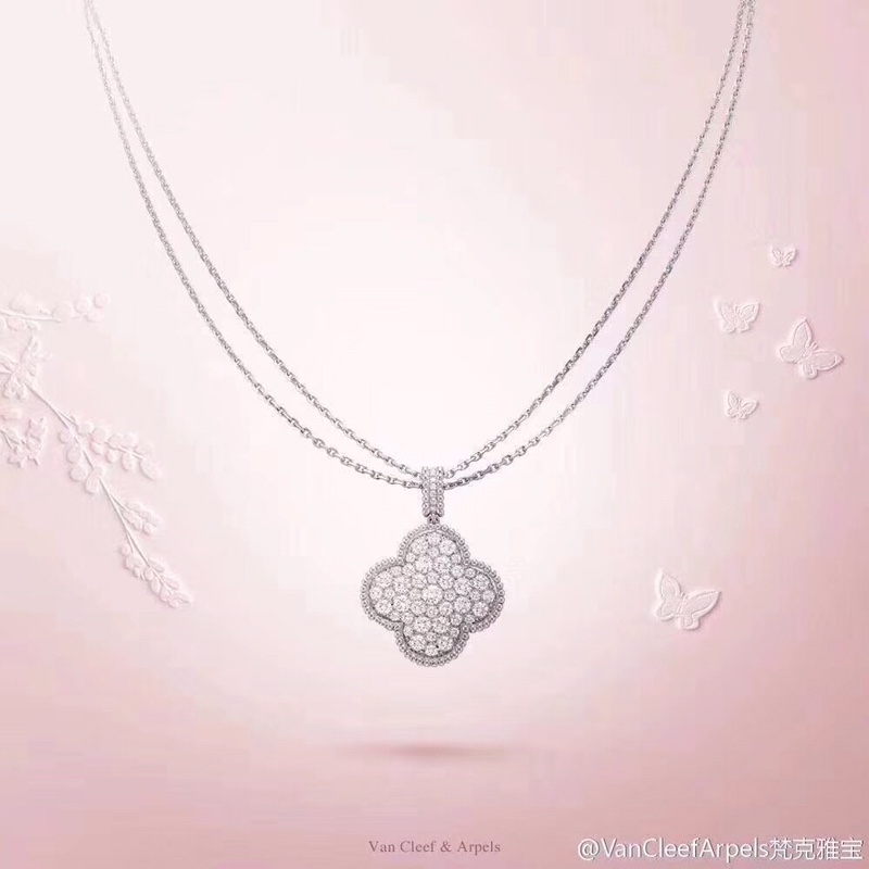Van Cleef & Arpels vca满钻四叶草大号 长链 毛衣链 通体925纯银镀金