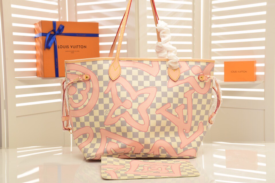 Louis Vuitton Neverfull Damier Azur with pink Monogram graffiti 32 x 29 x 17 cm tote everyday