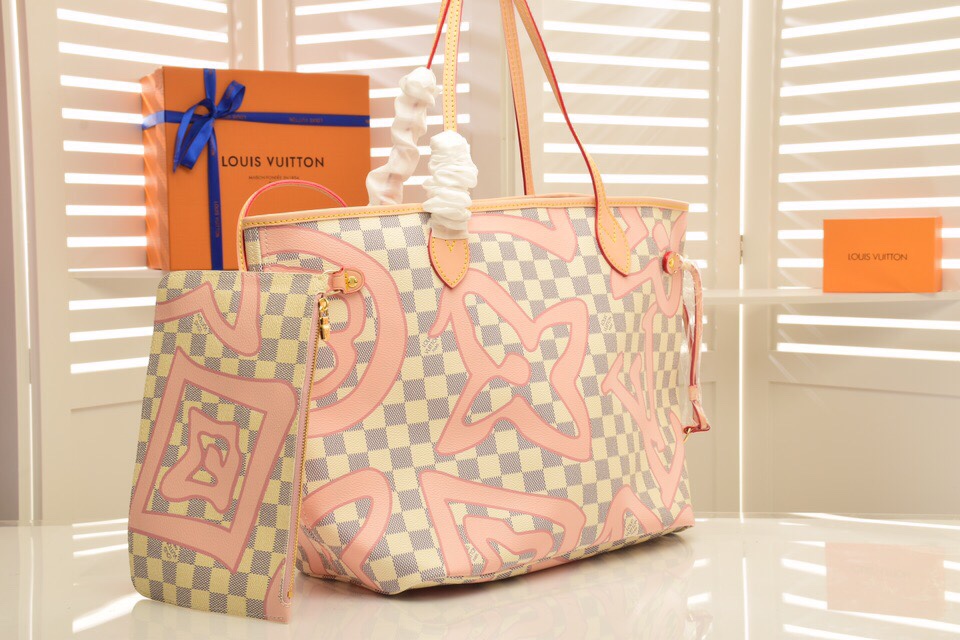 Louis Vuitton Neverfull Damier Azur with pink Monogram graffiti 32 x 29 x 17 cm tote everyday