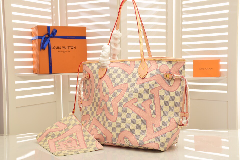 Louis Vuitton Neverfull Damier Azur with pink Monogram graffiti 32 x 29 x 17 cm tote everyday