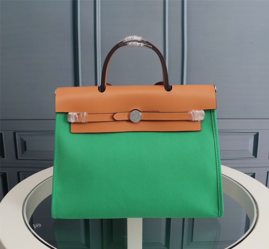 Hermes Herbag 31 Green Canvas & Leather Handbag - Stylish & Versatile