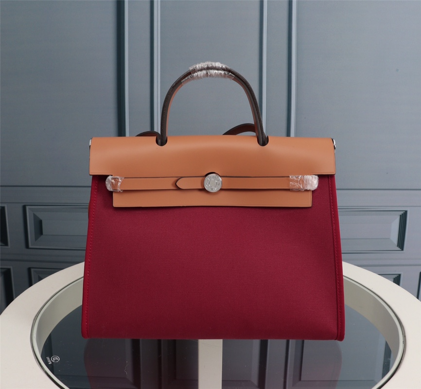 Hermes Herbag 31: Waterproof Canvas Satchel Handbag in Rouge H and Fauve