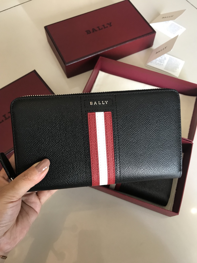 [Bally Wallets]B classic style lychee pattern black zipper style Genuine leath