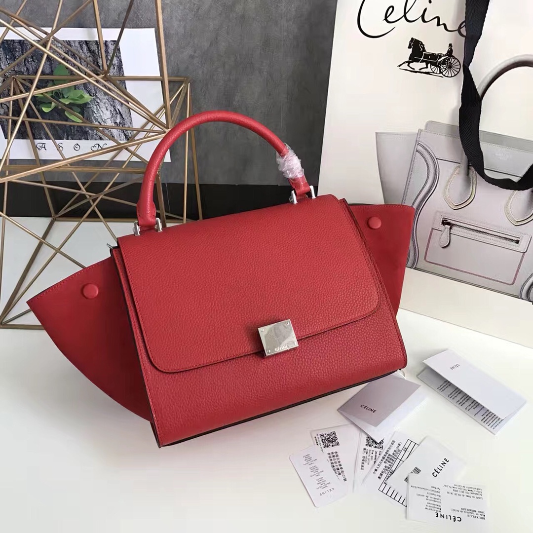 Celine Trapeze Bag, Red Leather Satchel Shoulder Bag, Silver Hardware