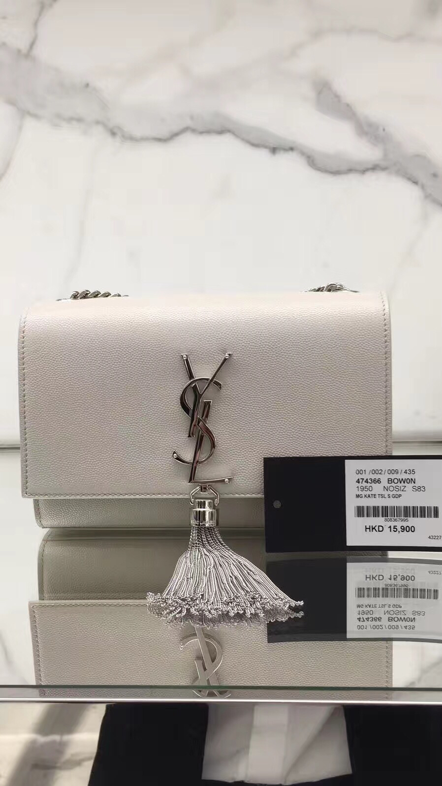 YSL 𝐊𝐚𝐭𝐞 20𝐜𝐦 球纹流苏链条包 474366白色/银扣