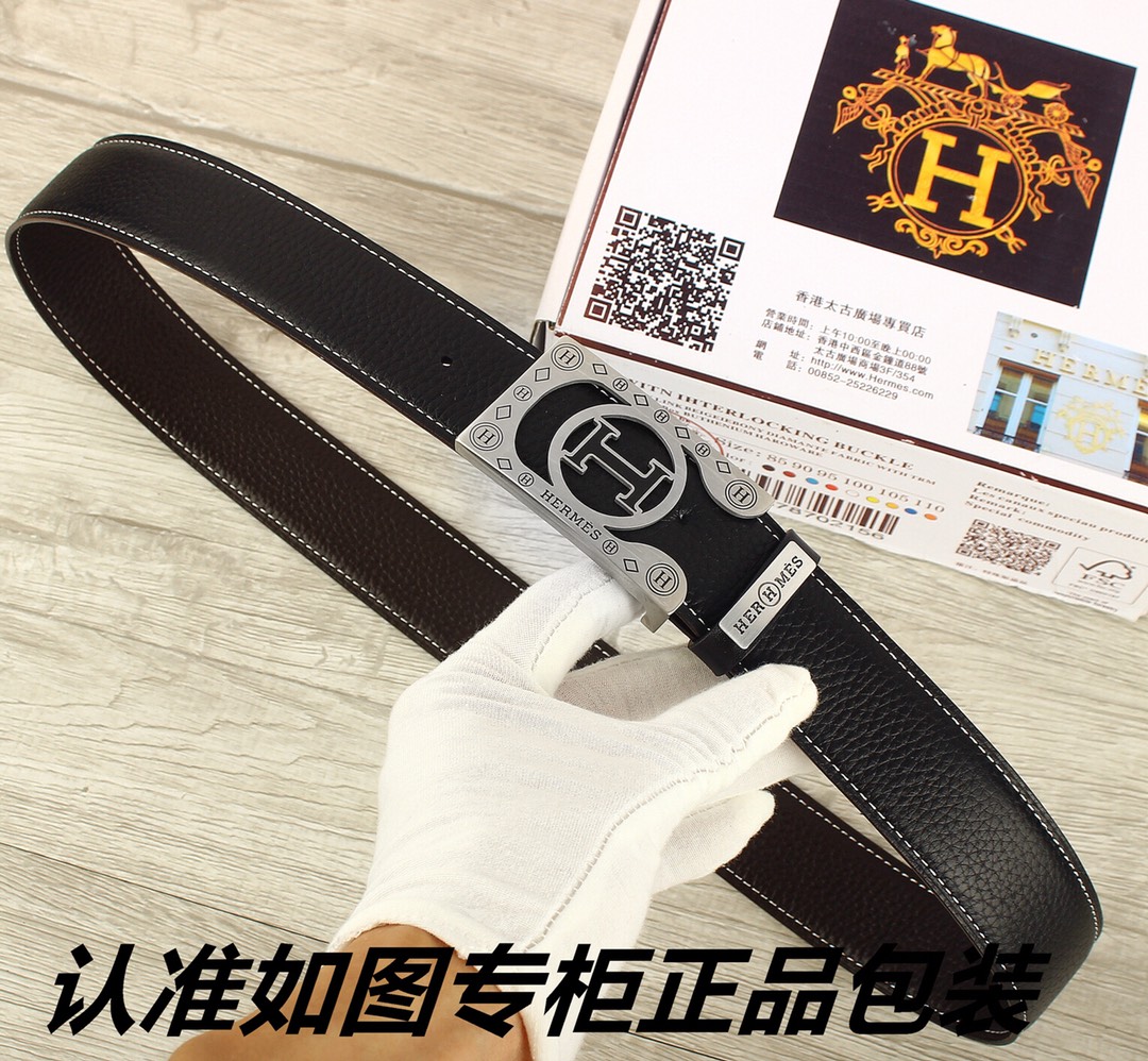 I5  Hermes 爱玛仕   赠送打孔器 材料：百分百头层牛皮皮带,24k纯钢扣永不掉色保证真皮双面荔枝纹,一面黑色一面咖啡色,自由切换使用,专柜同等质量, 送人自用首选 包装请认准如图专柜包装,发票齐全,宽度3.8mm