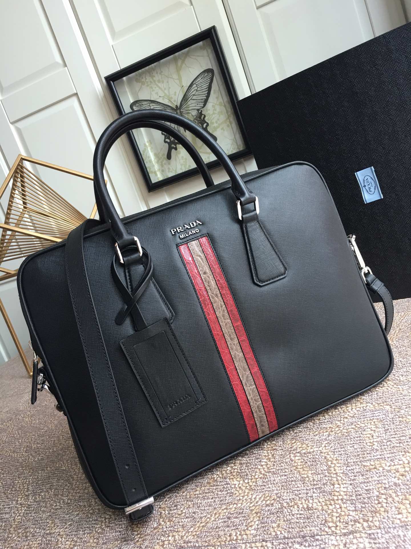 PRADA普拉达原厂十字纹牛皮男士公文包2VE368G