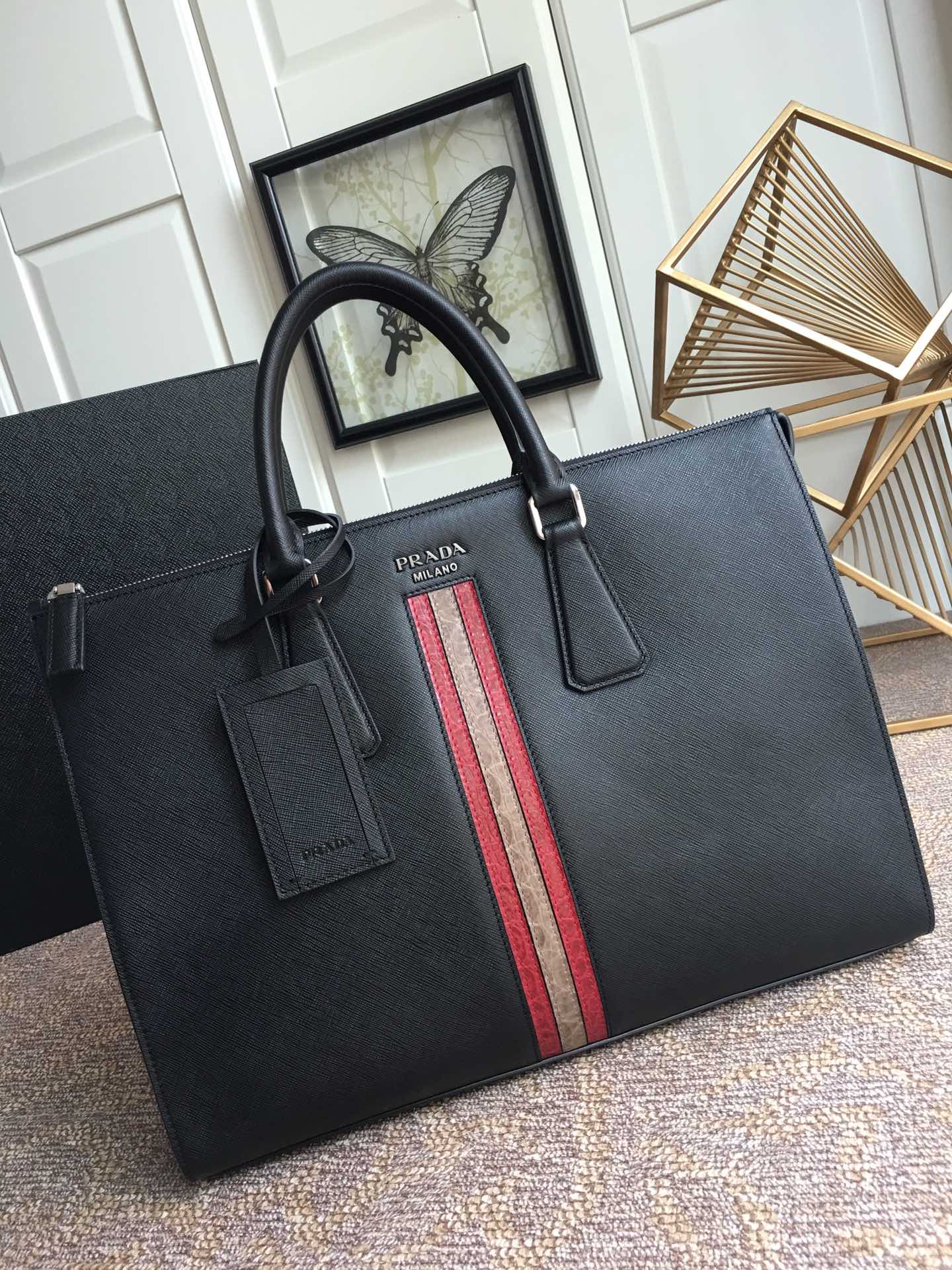 PRADA普拉达原厂十字纹牛皮男士公文包2VE030G